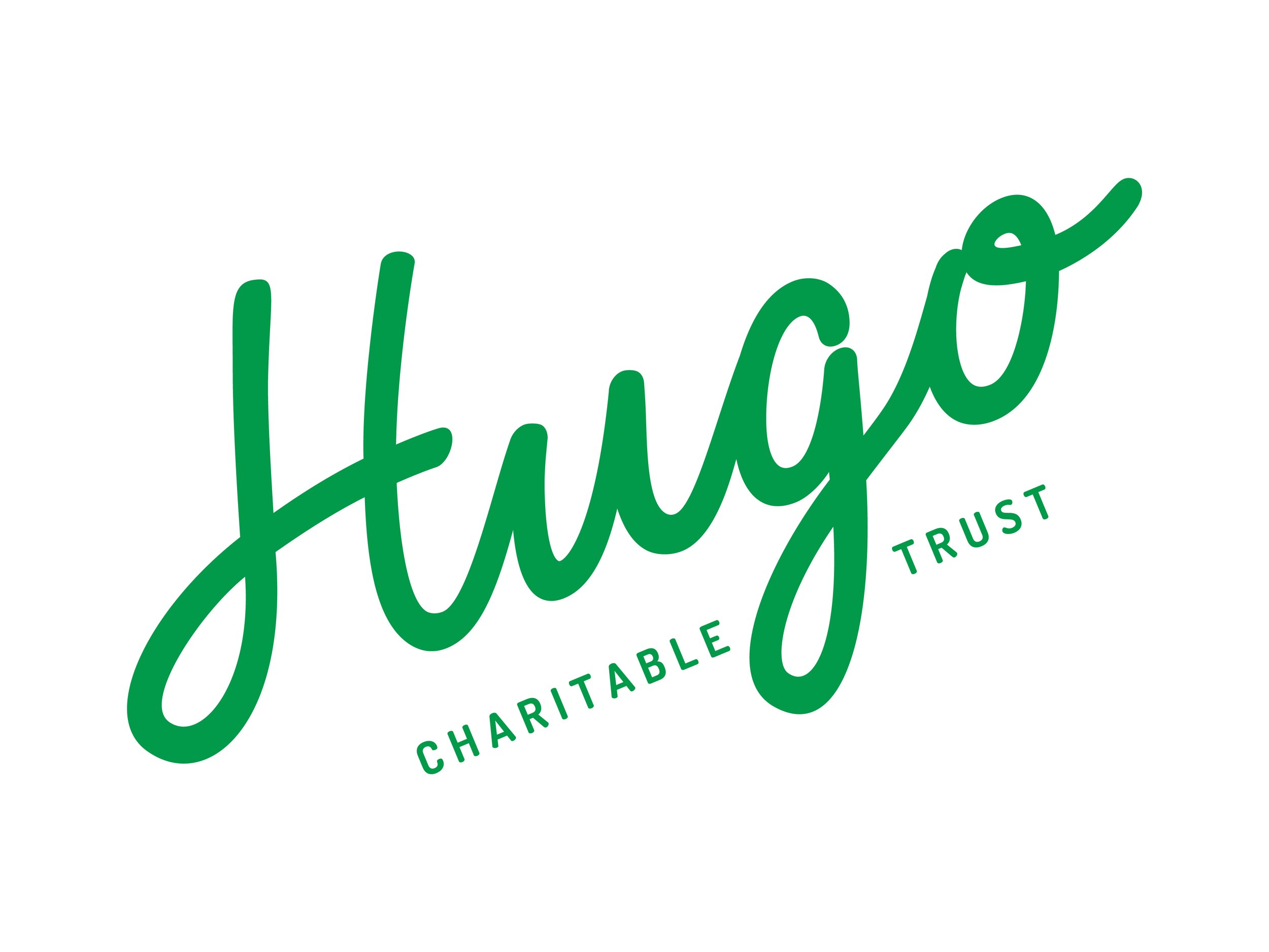 Logo of Hugo Charitable Trust with green script and text.