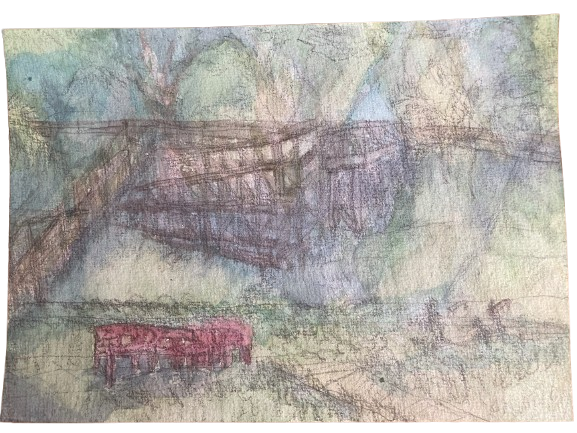 Benches in Former Ricefields, 2/5/2025, Water colour on Paper, 14.8 x 21.0cm