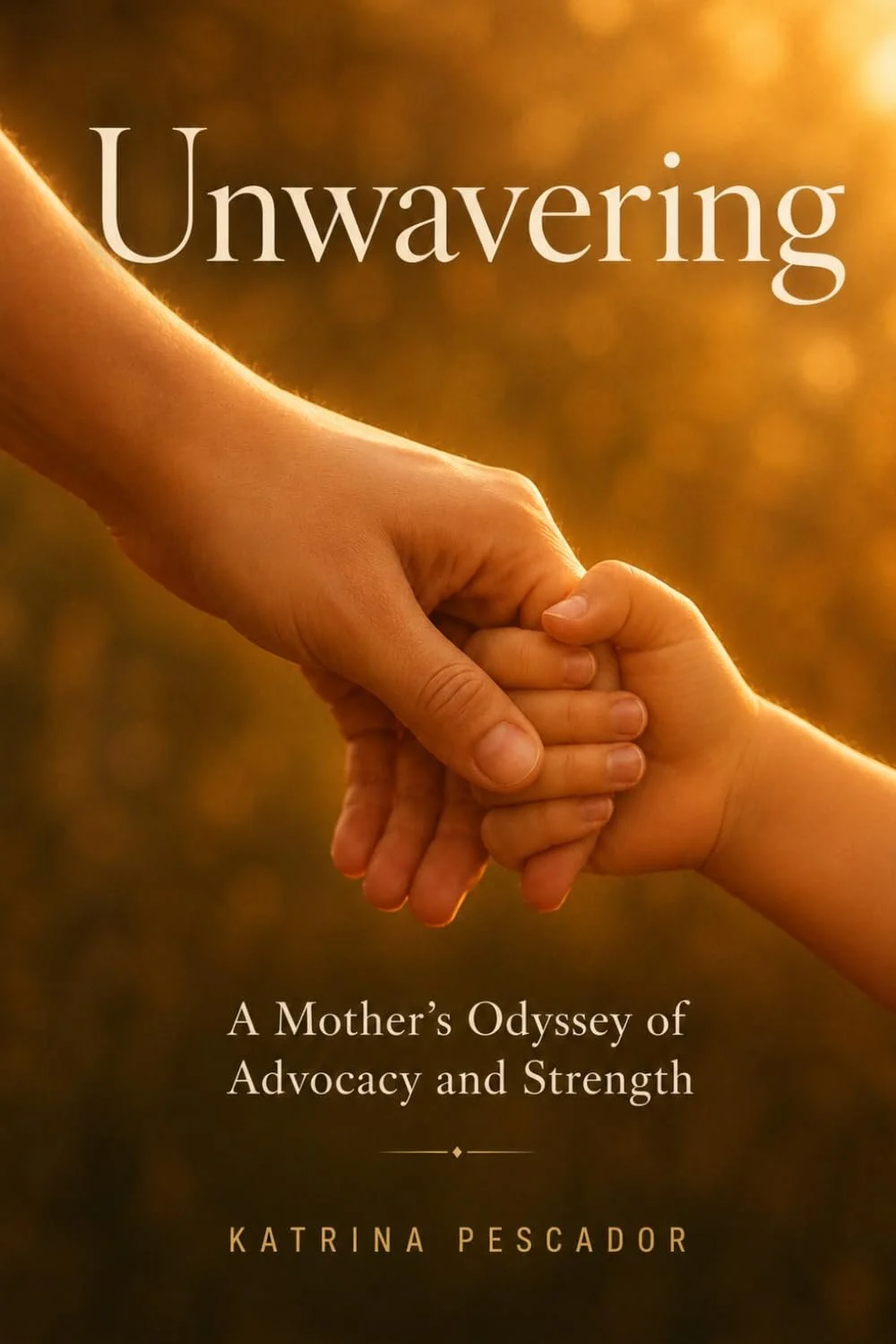 Cover of Unwavering by Katrina Pescador, featuring a mother and child holding hands in warm light.
