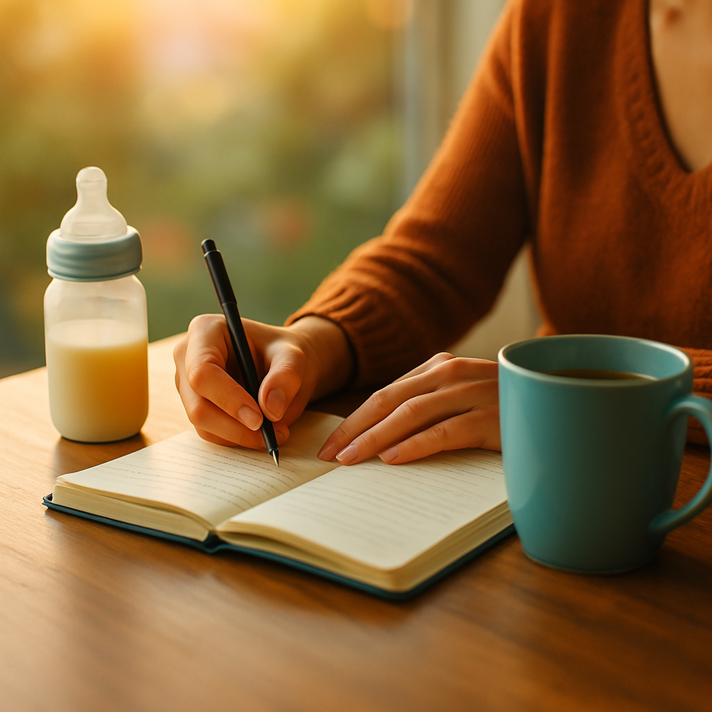 Writer’s hand beside an open notebook, coffee mug, and baby bottle, representing the stories behind Fearless Forward.