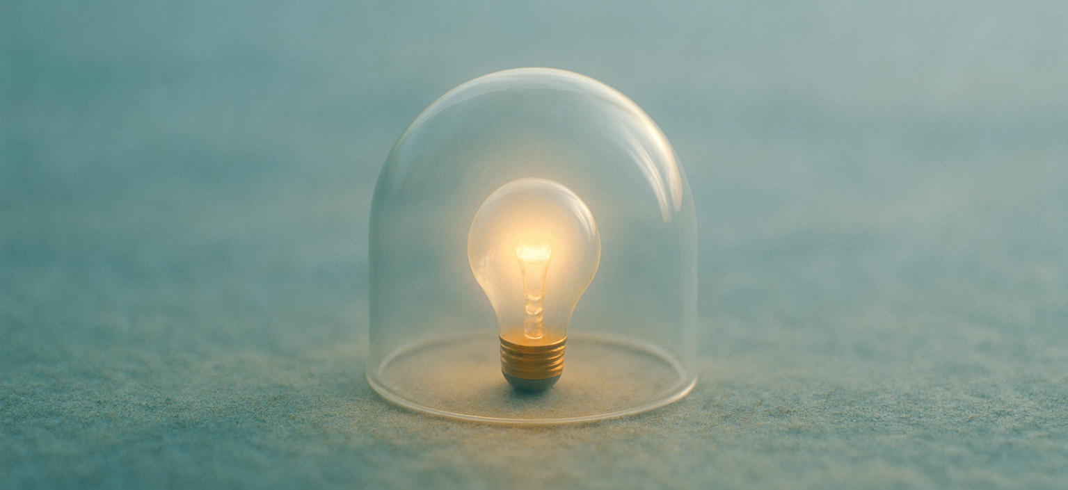 Illuminated lightbulb protected by glass on blue background representing "Do I Really Need Trauma Cover" Blog written by Financial Planner, Tim Grapiglia of EvolvU Financial Services in Scarborough, Australia.