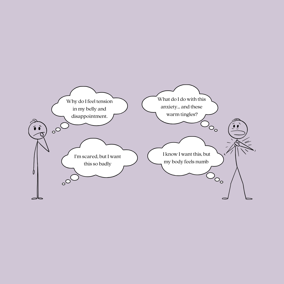 Illustrated figures reflect on mixed internal sensations like tension, anxiety, numbness, and longing.