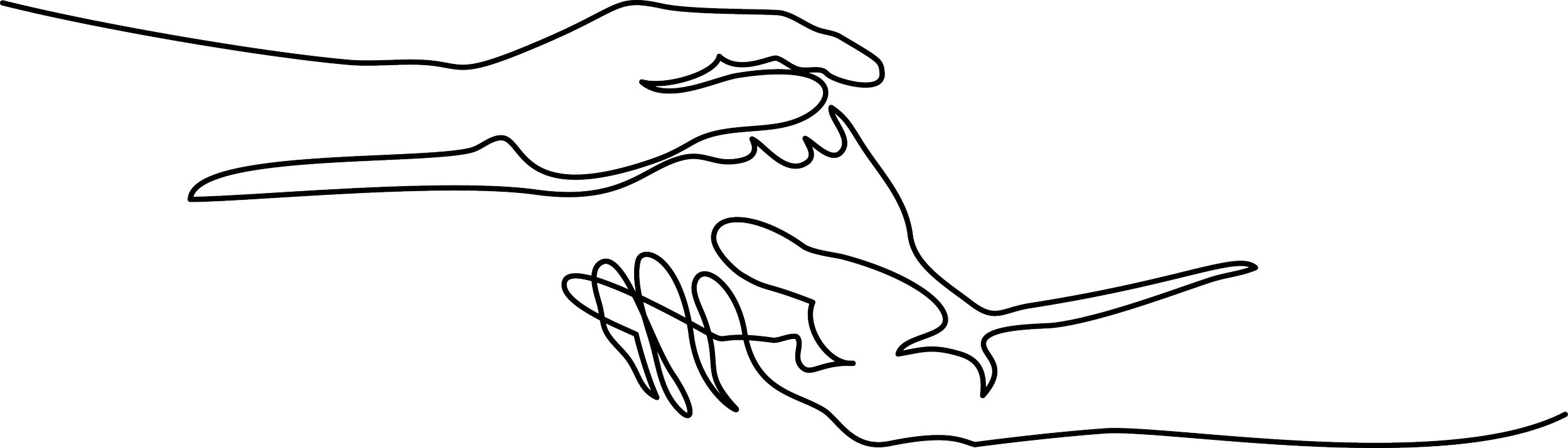 Line drawing of two hands reaching toward each other without touching, in black.