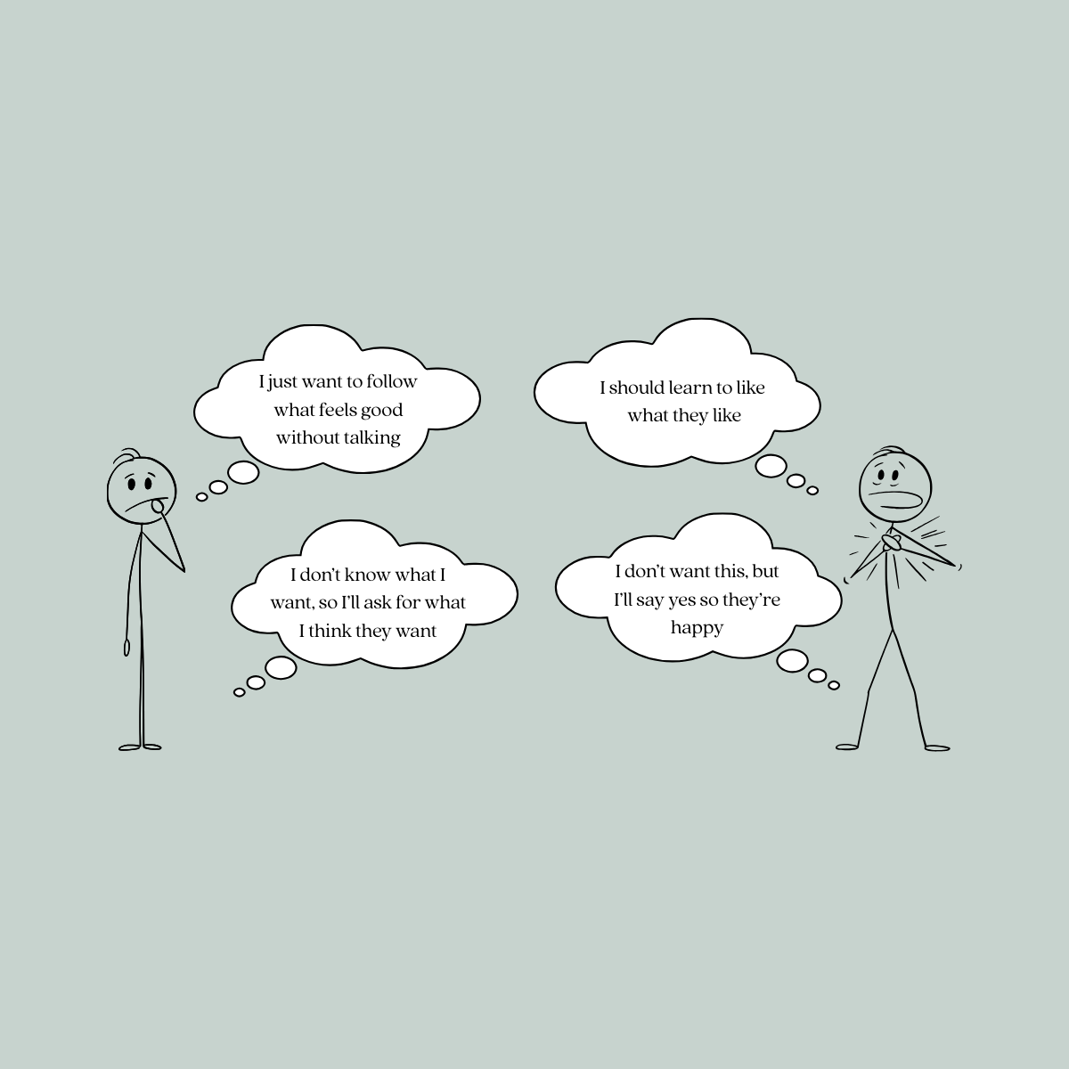 Illustrated figures think about prioritising others’ wants over their own and saying yes to keep others happy.