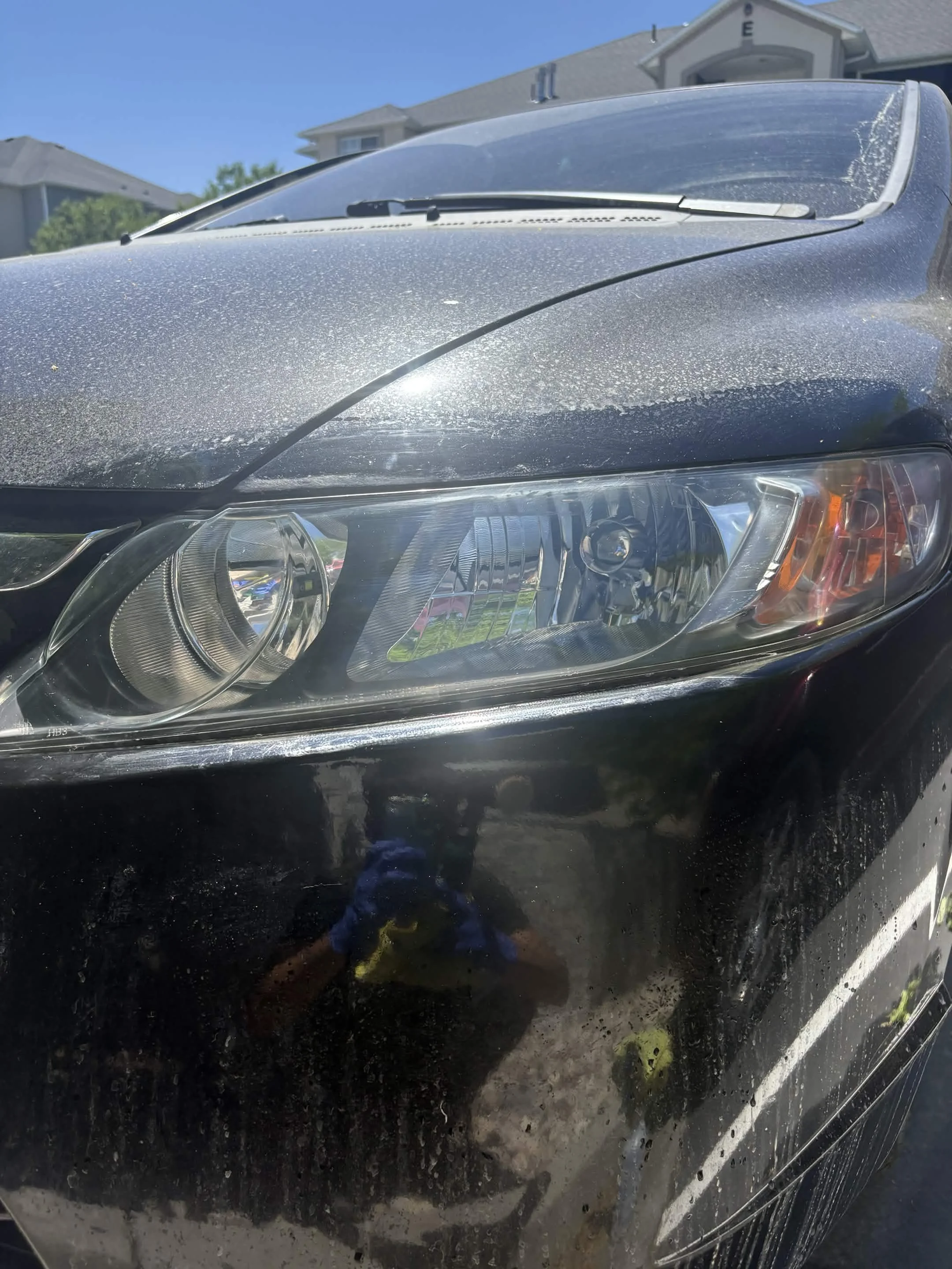 close up of headlight after restoration and being clear