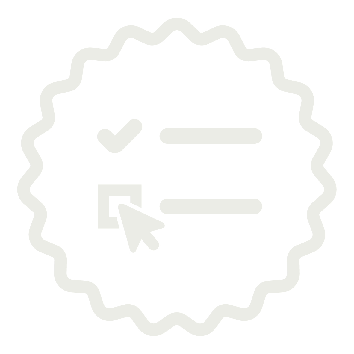 A faded gray seal icon with a checkmark, lines, and a cursor arrow in a label shape, indicating verification or certification.