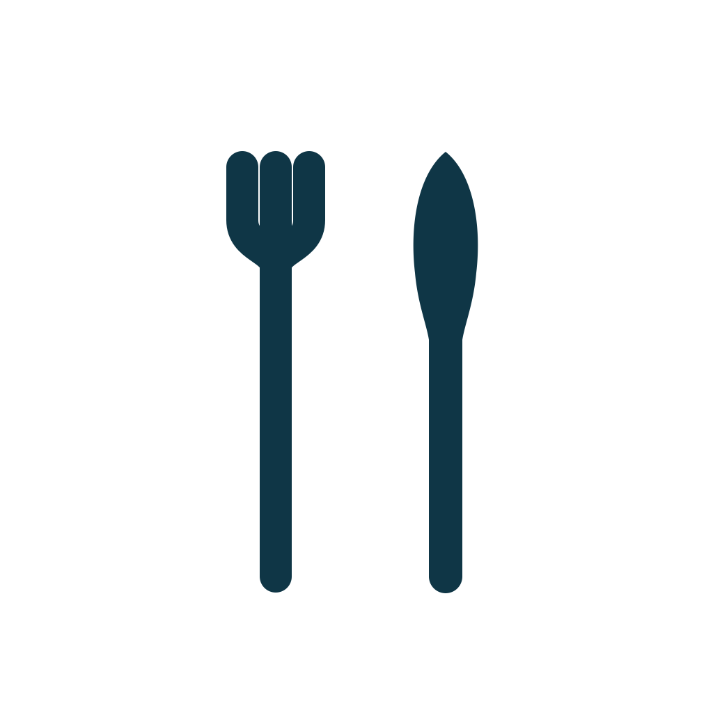Ein schwarz-weißes Symbol von einer Gabel und einem Messer, die für Essen oder Essen servieren stehen.