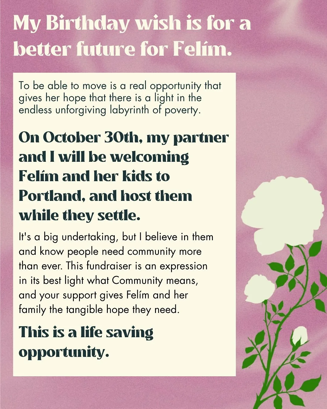 It&rsquo;s my birthday today, and my birthday wish is for Fel&iacute;m and her kids to have the better future they deserve. The Universe brought these two libras together almost a year ago, and the imbalance of the scales in life has called to me all