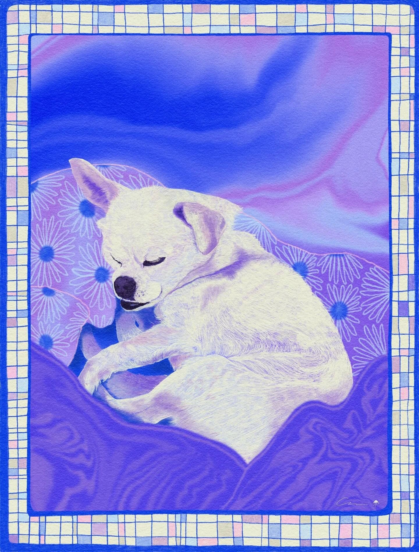 remember the pet portrait I raffled off to raise funds for Tamara? It&rsquo;s complete! Morgan wanted blues, purples, and pinks for her Portrait of her sweet lil angel pup Suzie. 
.
I really enjoyed making this piece, and the border was a last reiter