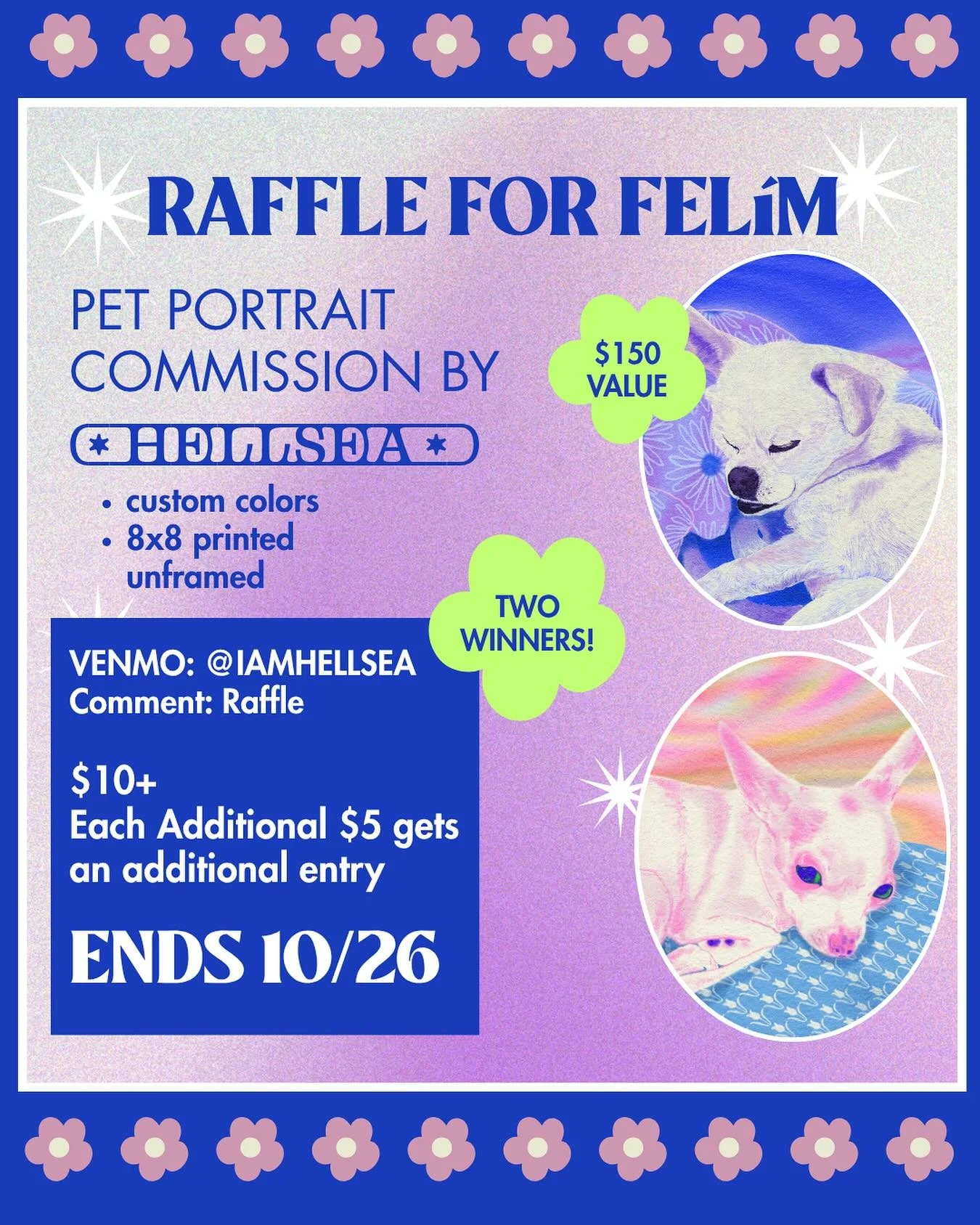 Win a Pet Portrait Commission! 
Raffle for Fel&iacute;m 💕
Facing continuous deep financial precarity is extremely hard on Fel&iacute;m, and takes a deep toll on her mental health. This is why our goal of $1000 will go a long way to give Fel&iacute;m