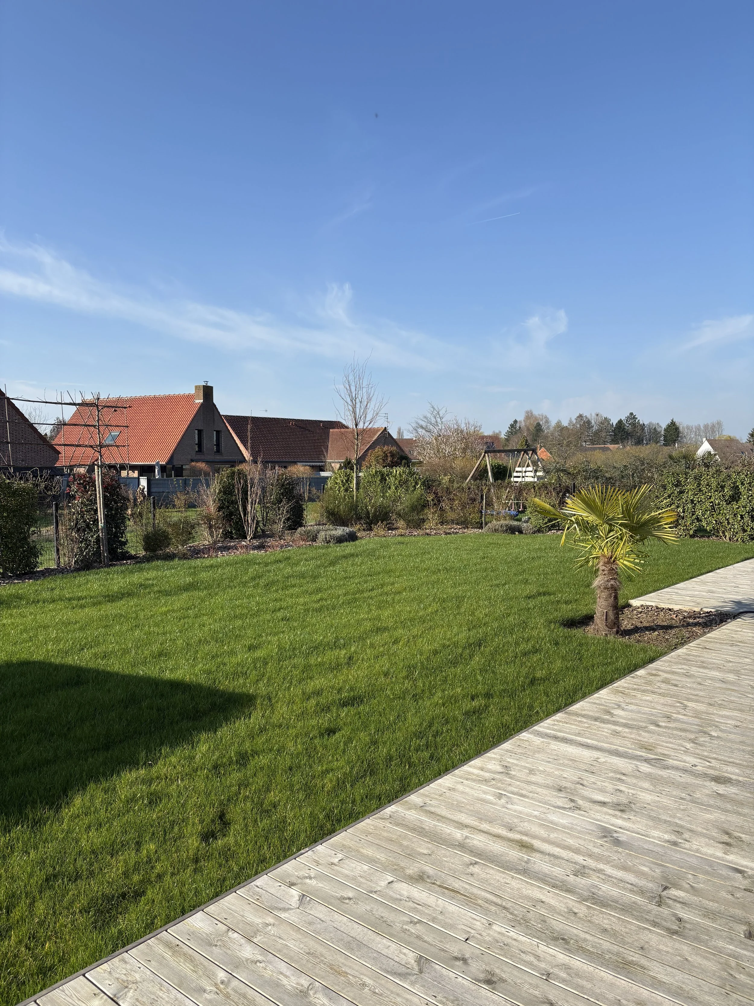 Jardin avec pelouse verte, petite palmier, chemin en bois, maisons avec toiture en tuiles à l'arrière-plan, ciel bleu clair avec quelques nuages.