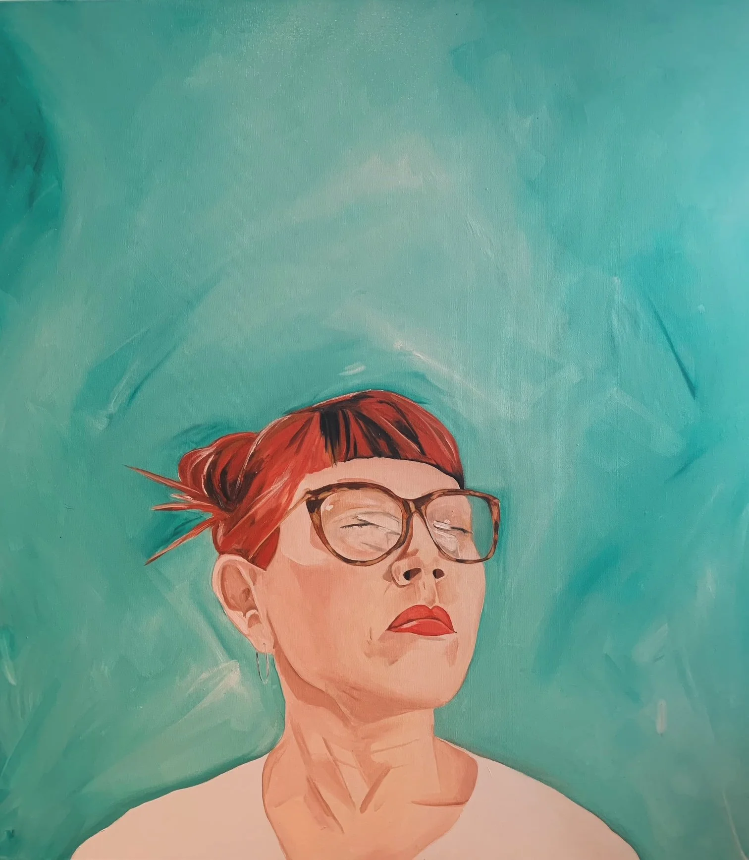 Self-portrait - In a room with Zoom, COVID days.  Oil on canvas.  90 x 90cm.  