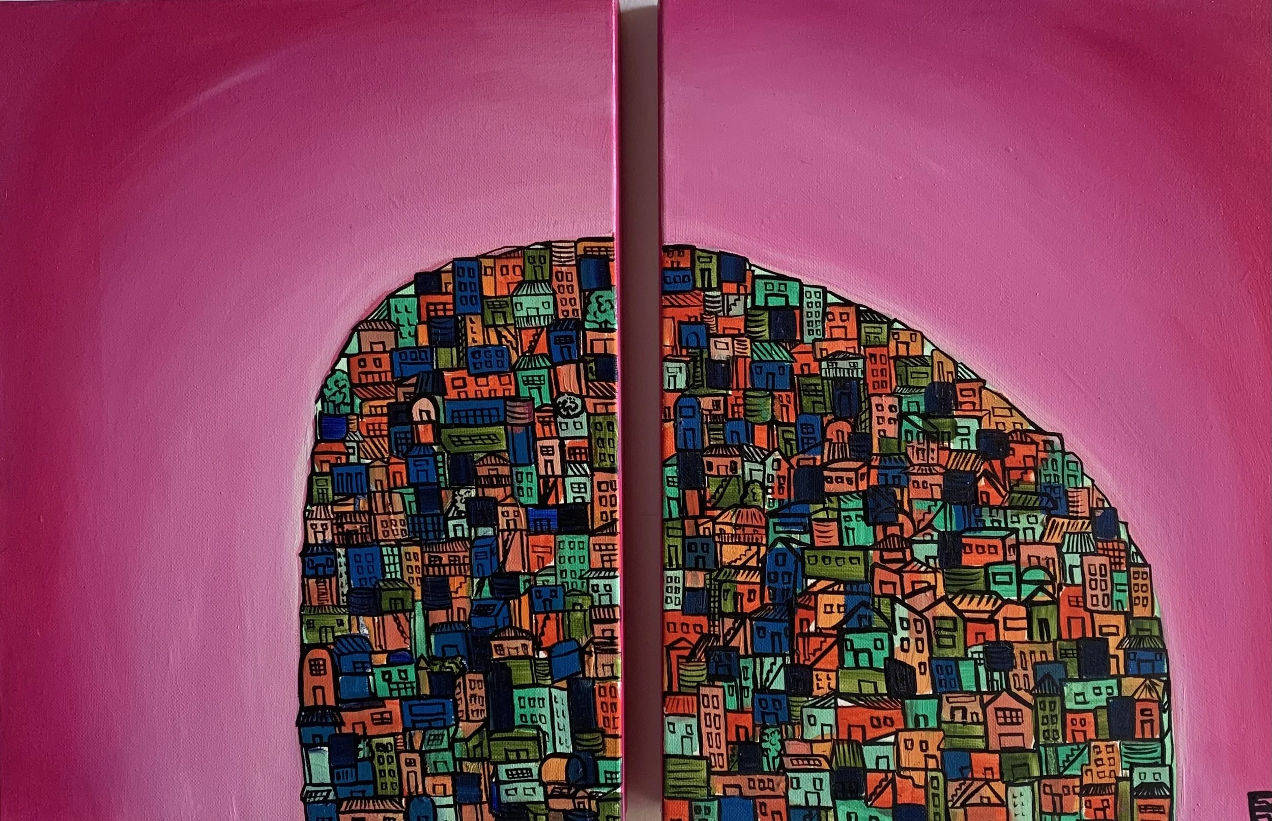 The Collective.  Oil on canvas diptych, 61 x 40cm total