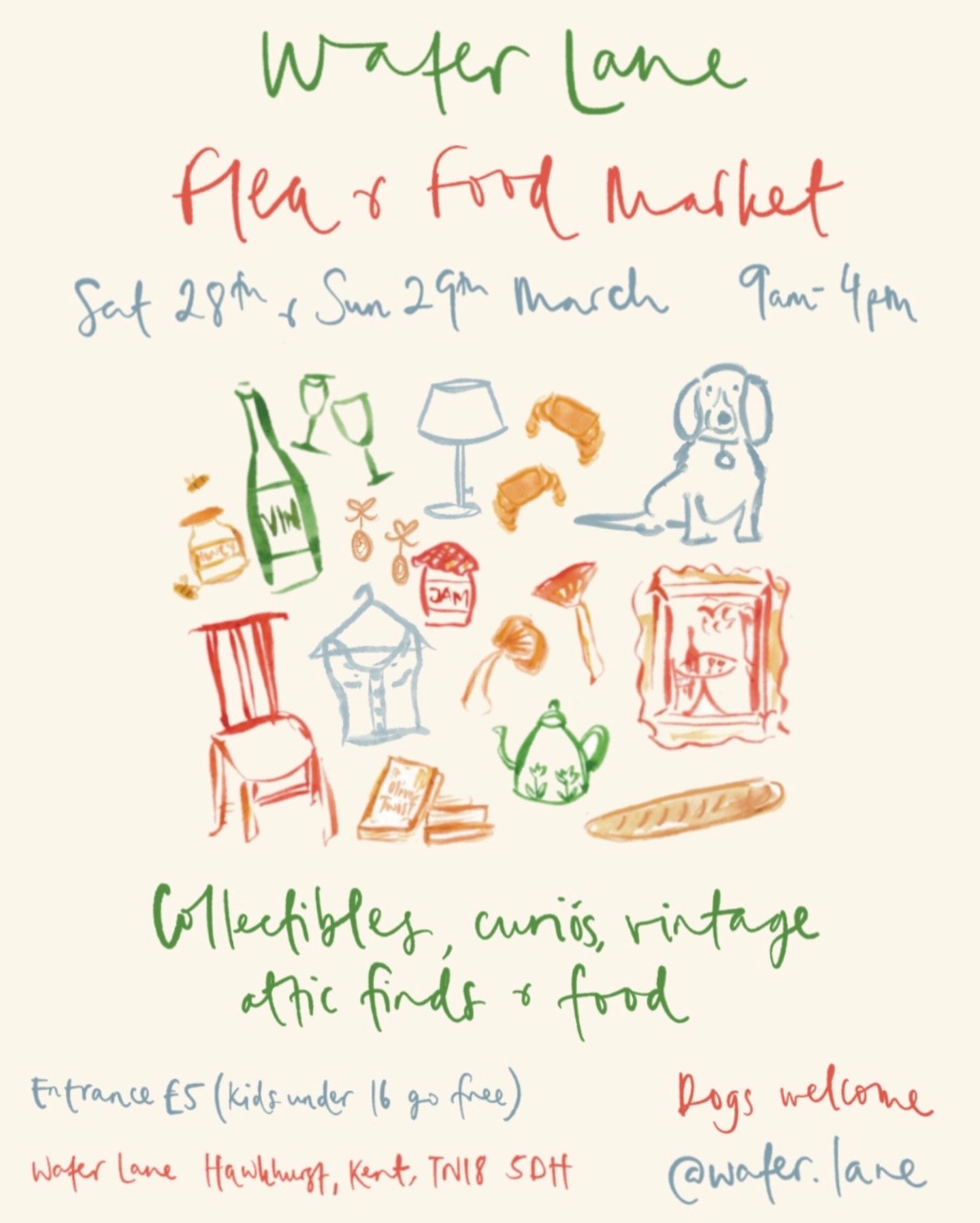 The next Water Lane Flea &amp; Food will be in late March.. just as spring has sprung. One for the diary - a warm sunny day to look forward to 🍃 🌷 🌞 

Flyer designed by me 🙋🏼&zwj;♀️