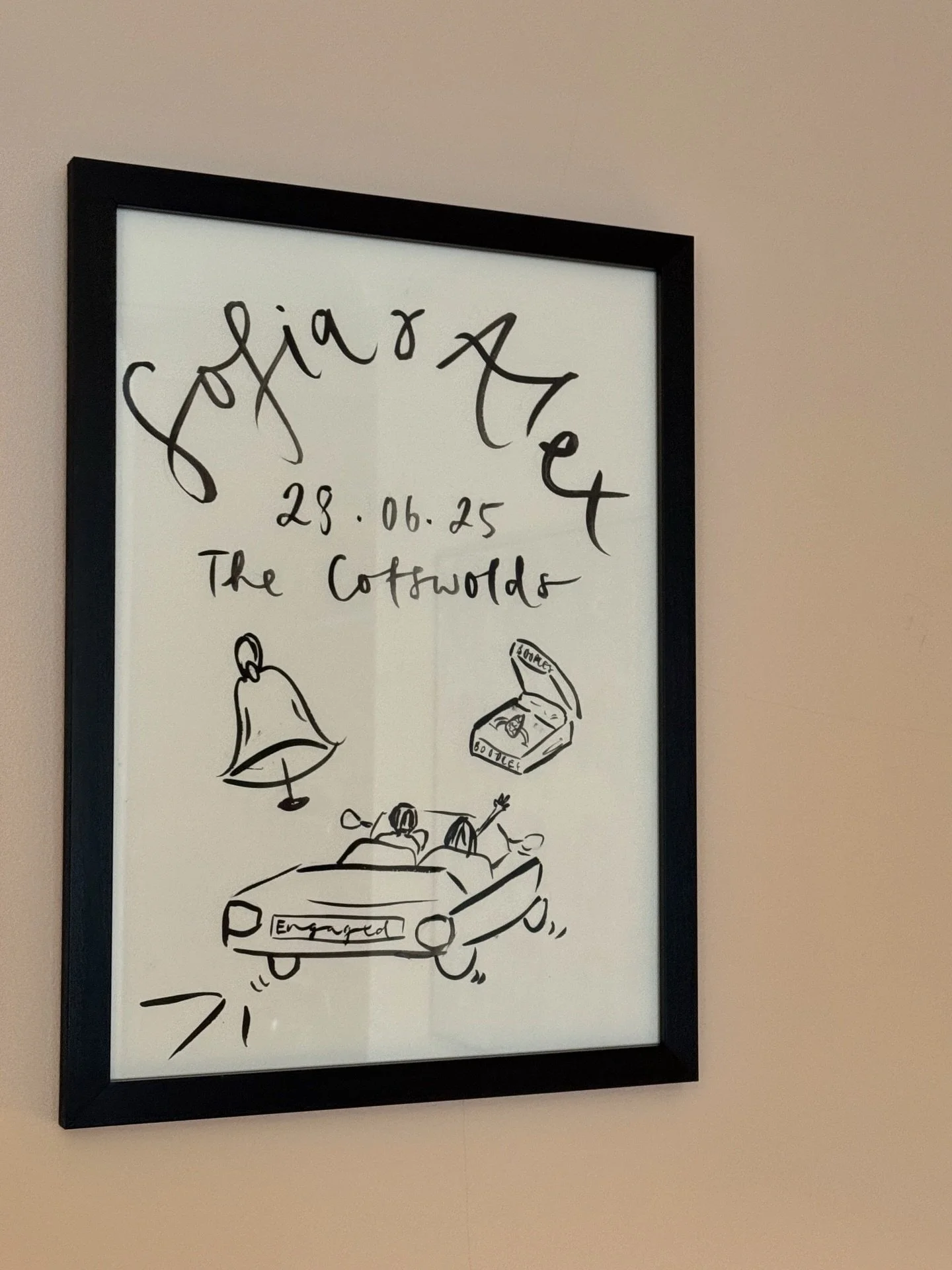 A totally chic engagement present for Sofia &amp; Alex from a very thoughtful friend. An A3 framed illustration in black ink with their names, the date, the location, a bell (Alex proposed at a pub called The Bell), the ring (of course) and this gorg