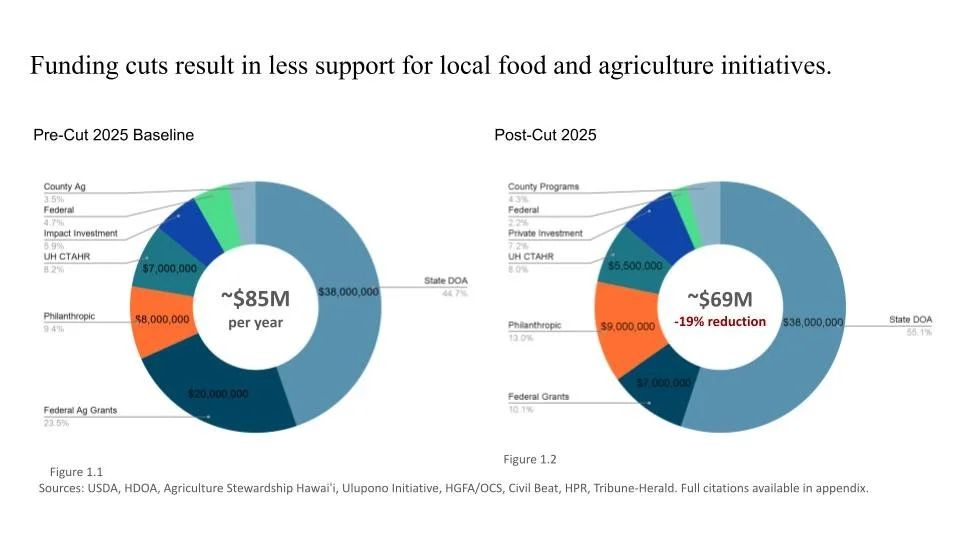 Comparison of funding sources for local food and agriculture initiatives before and after budget cuts, showing a reduction from approximately $85 million to about $69 million per year.