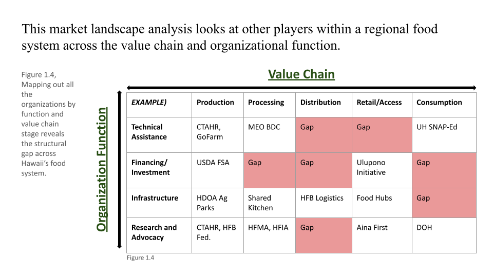 Table showing market landscape analysis across the food system value chain, with gaps in production, processing, distribution, retail/access, and consumption for various functions.