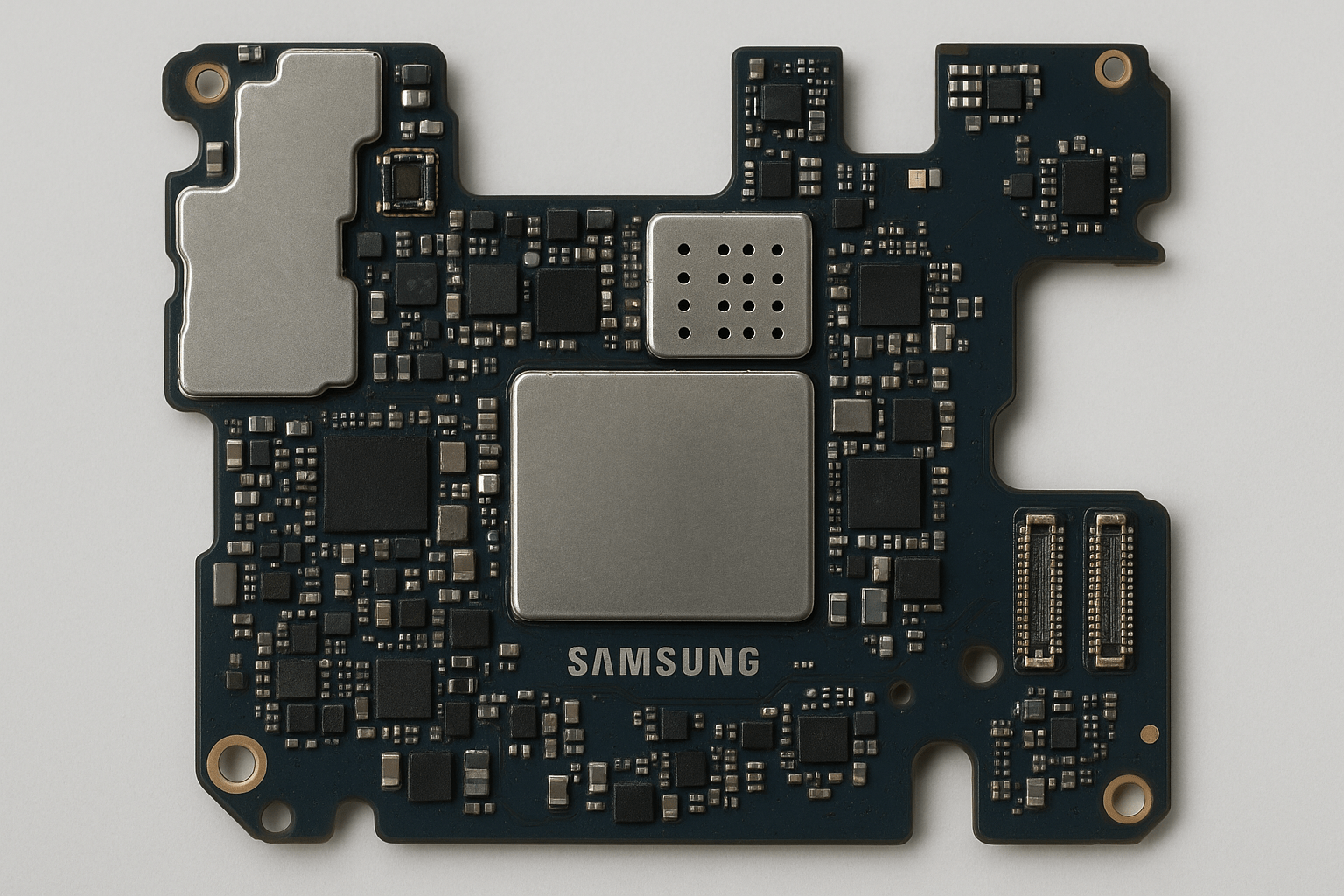 Een elektronische printplaat van een Samsung apparaat met diverse chips, elektronische componenten en aansluitingen.