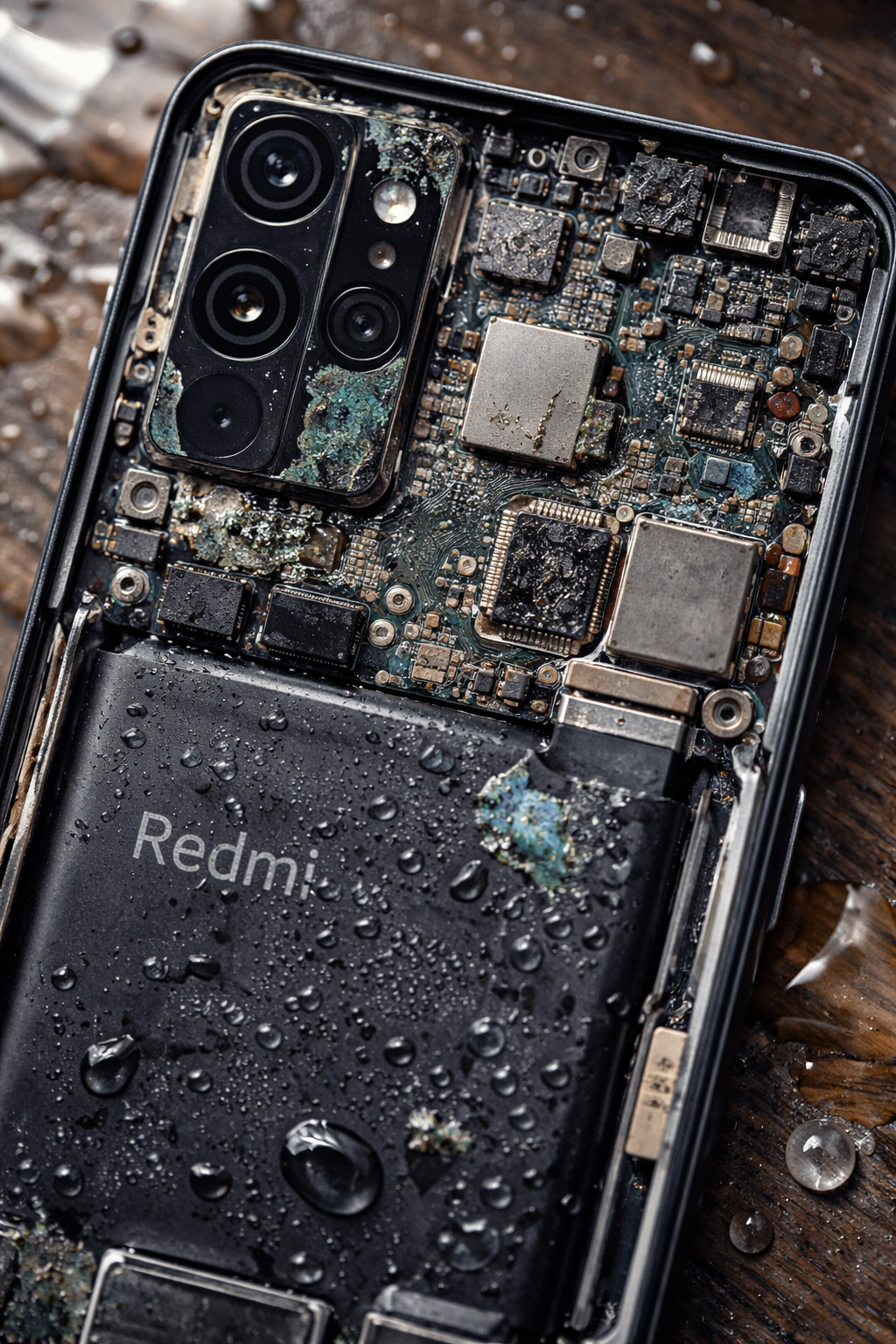 A burnt and water-damaged Redmi smartphone with its internal components exposed, including a triple camera module with corrosion, and water droplets on the remaining casing, lying on a wooden surface.