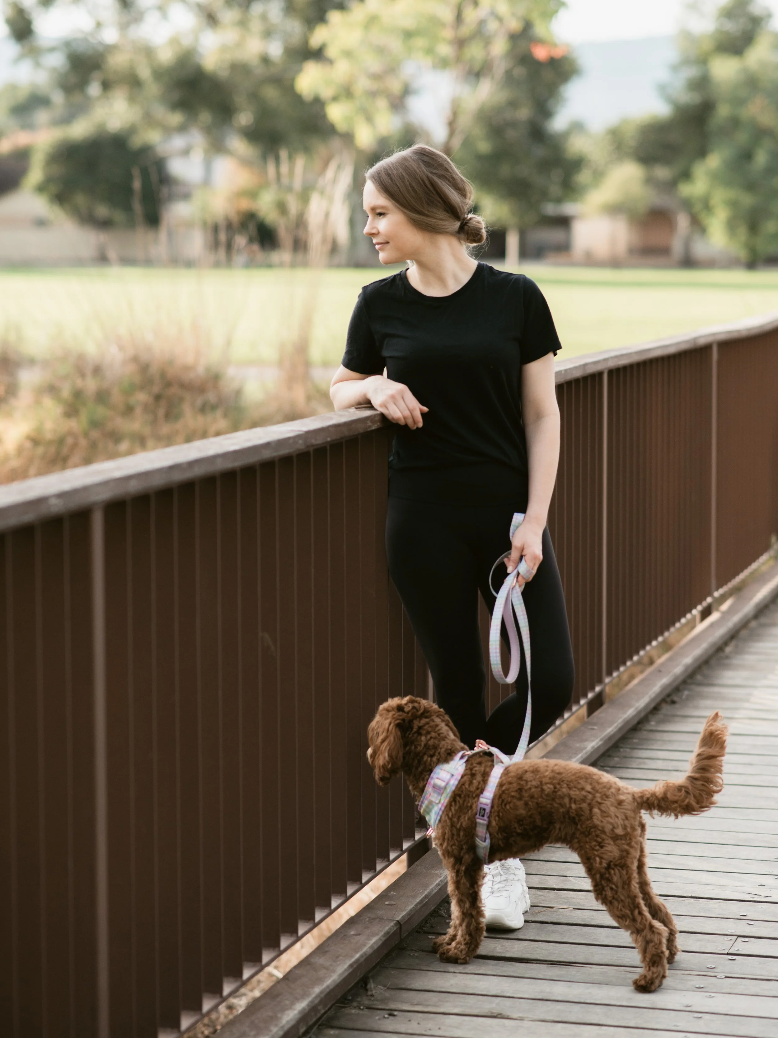 A woman in black clothing holding a leash with a brown curly-haired dog on a wooden bridge in a park with trees and grass.