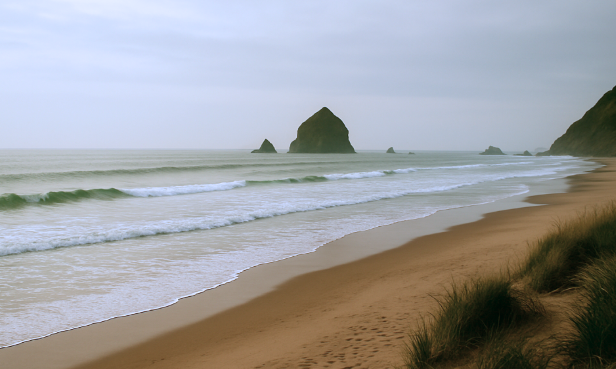 A sandy beach with green grass in the foreground, gentle waves reaching the shore, and large rock formations in the water in the background under an overcast sky.