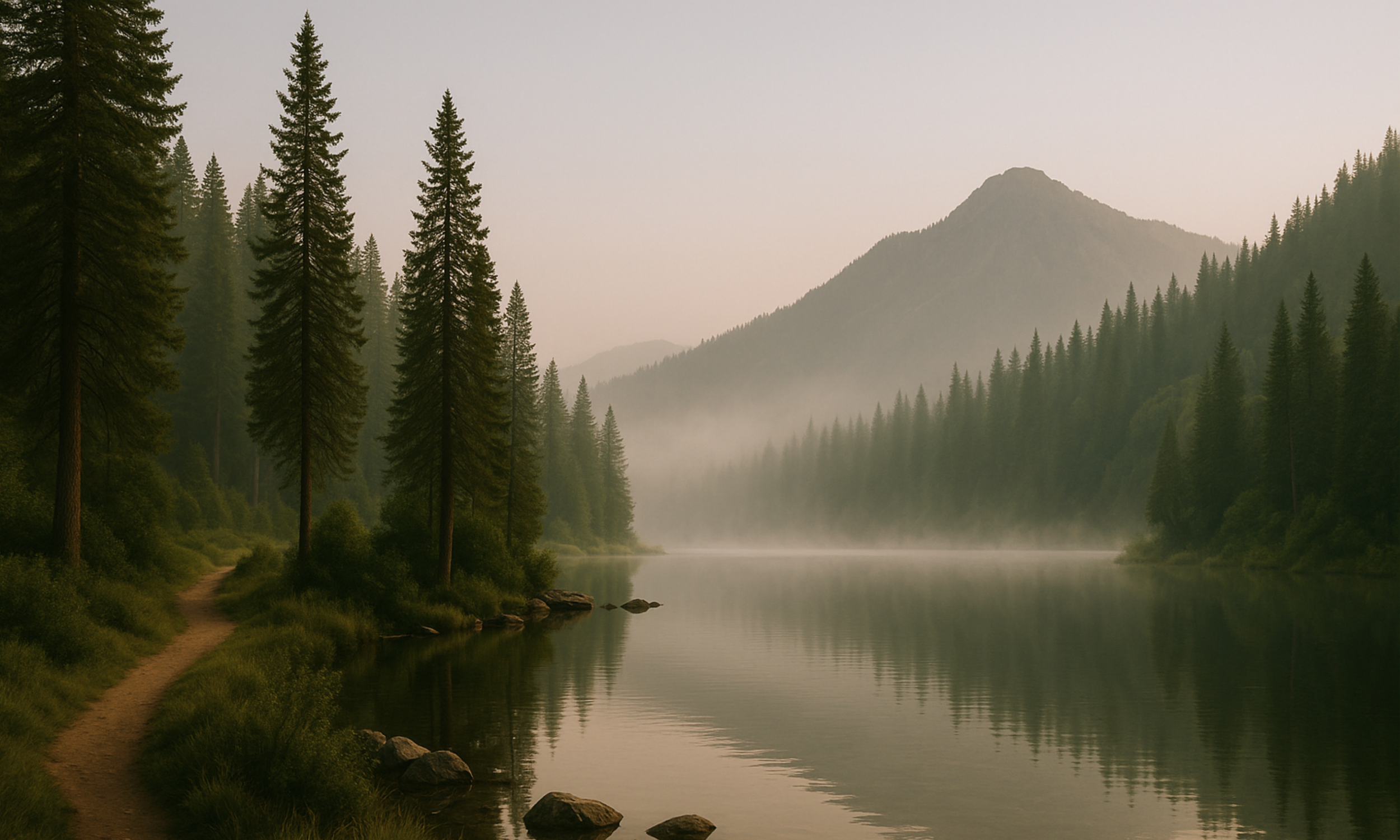 A peaceful lake surrounded by tall evergreen trees with mountain peaks in the background, and a narrow dirt trail along the water's edge.