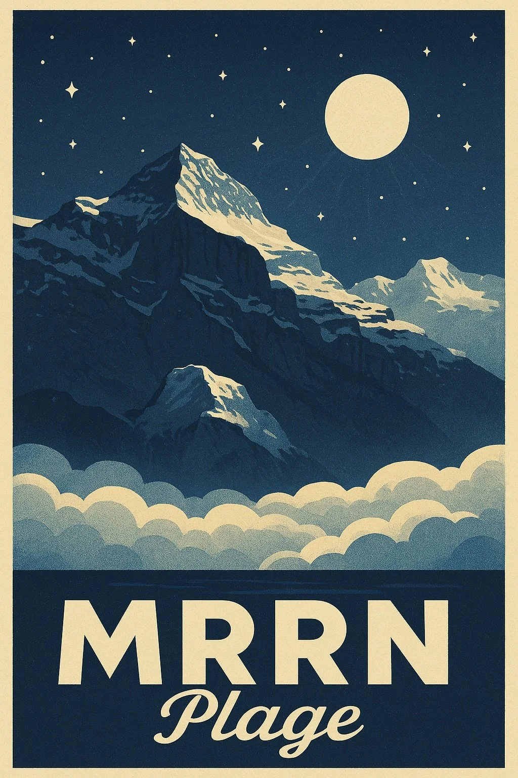MRRN Plage «Vollmond» von Daniel Frei: Ein gelber Vollmond und Sterne stehen über einer dunkelblauen Berglandschaft und hellen Wolken.