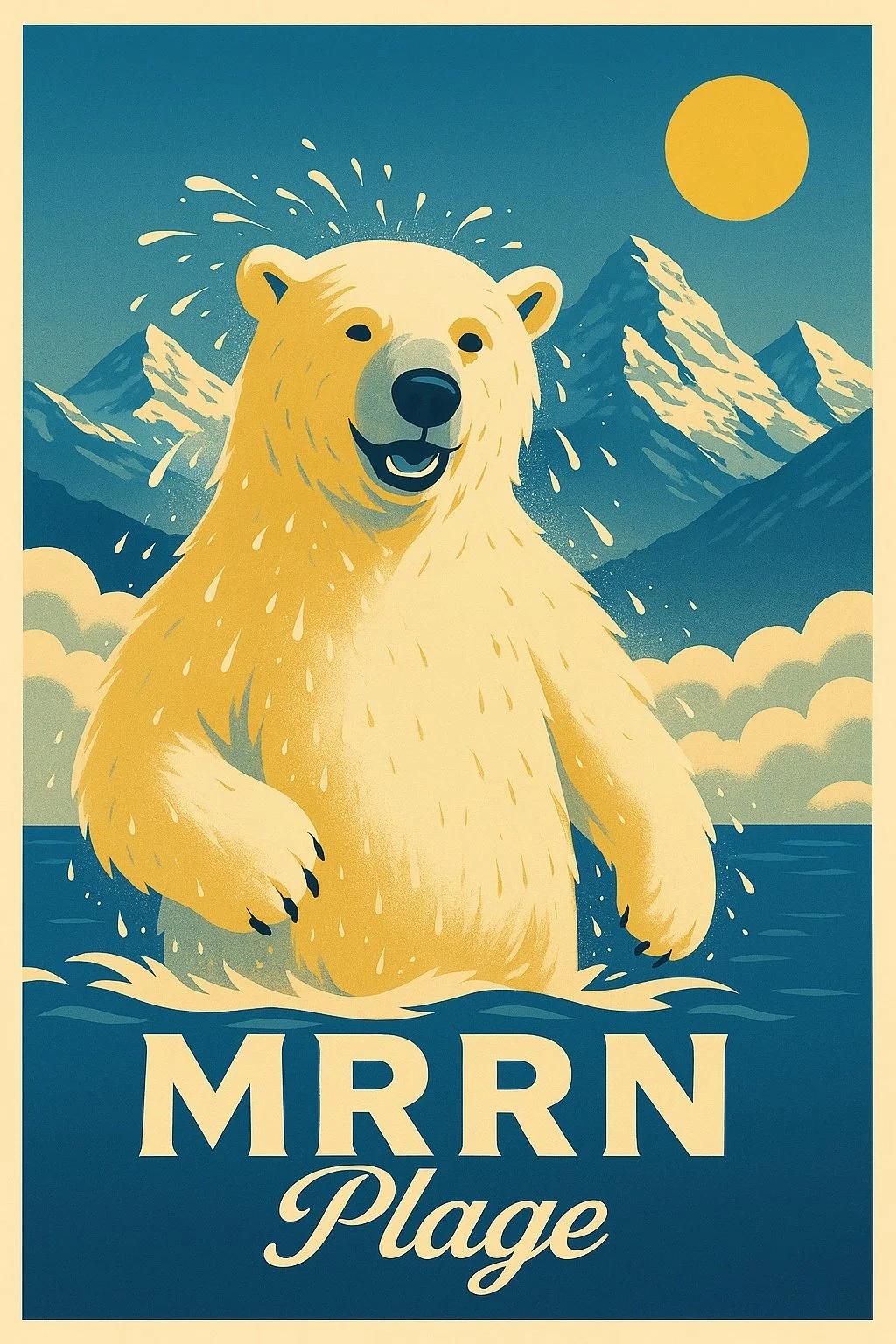 MRRN Plage «Polarbär» von Daniel Frei: Ein heller Polarbär planscht im blauen Wasser vor einer Bergkulisse und einer gelben Sonne.