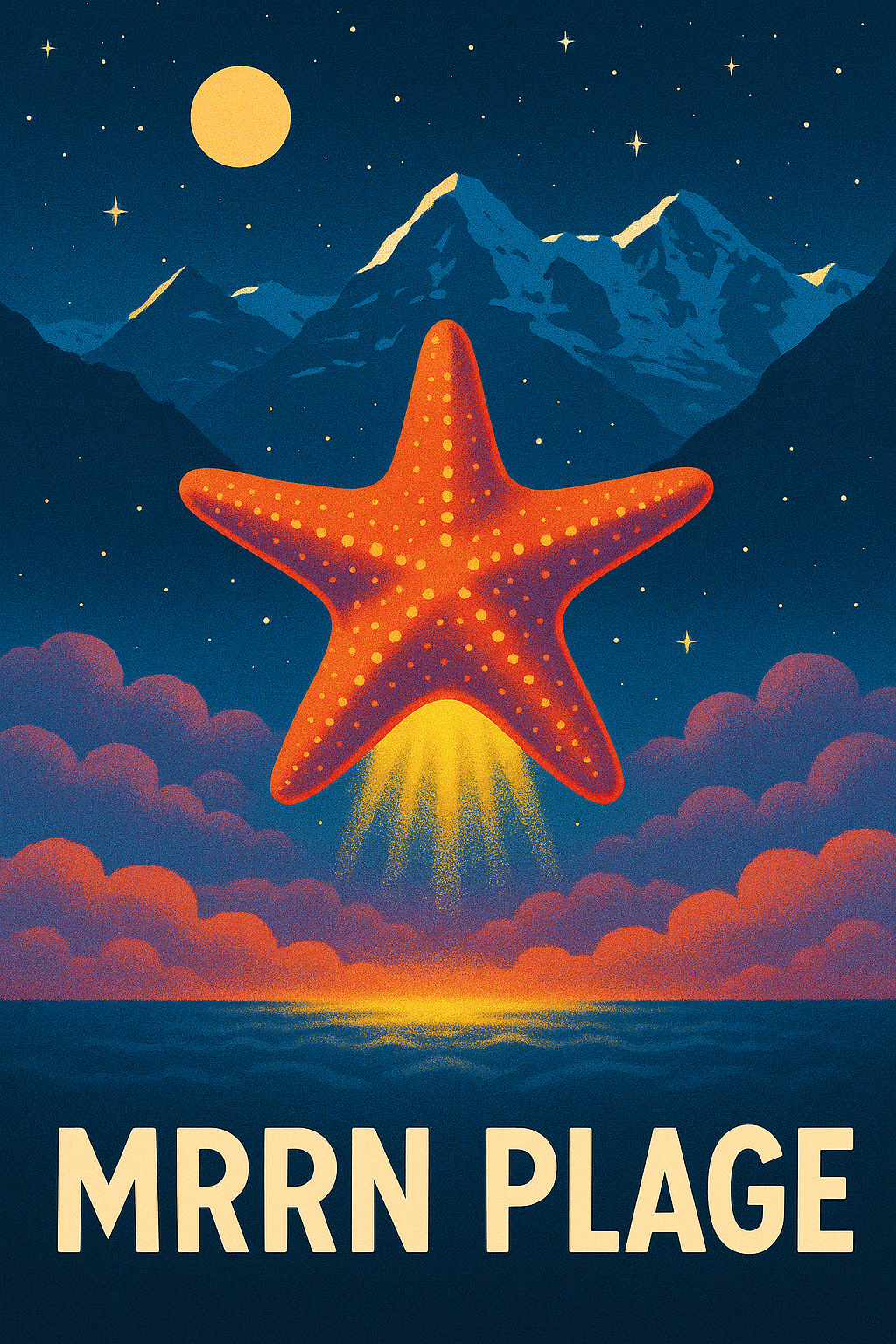 MRRN Plage von Daniel Frei: Ein orangefarbener Seestern mit leuchtendem Schweif über Wasser und Wolken, dahinter nächtliche Berge, Mond und Sterne.