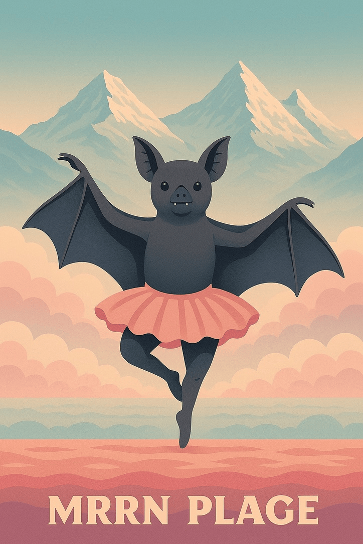 MRRN Plage Annex von Daniel Frei: Eine Fledermaus im rosafarbenen Tutu tanzt mit ausgebreiteten Flügeln vor pastellfarbenen Wolken und schneebedeckten Bergen.