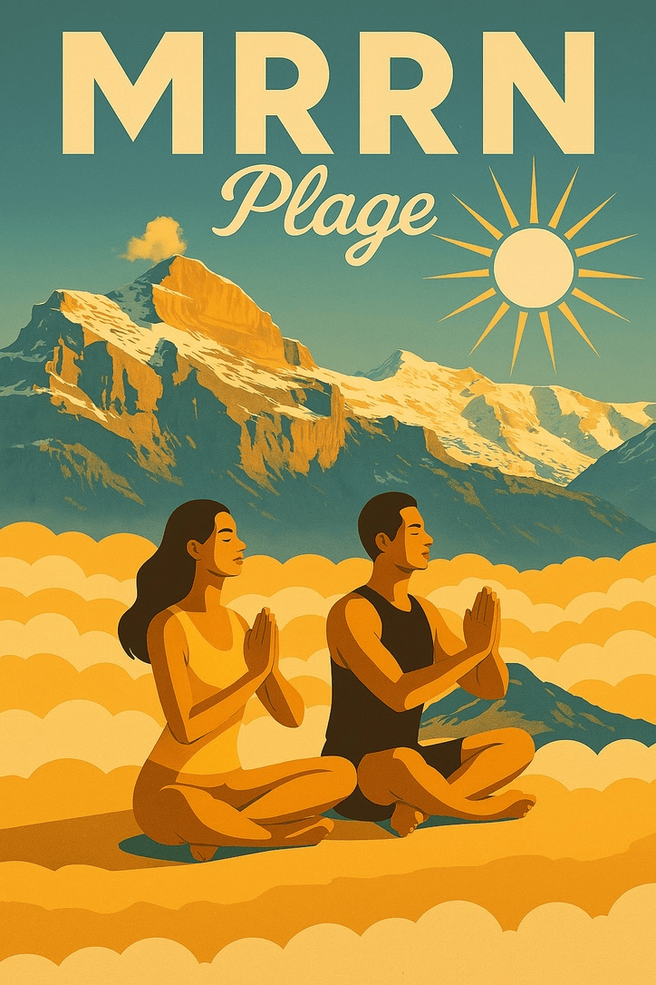 MRRN Plage von Daniel Frei: Zwei Personen sitzen mit gefalteten Händen im Schneidersitz vor goldenen Wolken, schneebedeckten Bergen und Sonne.