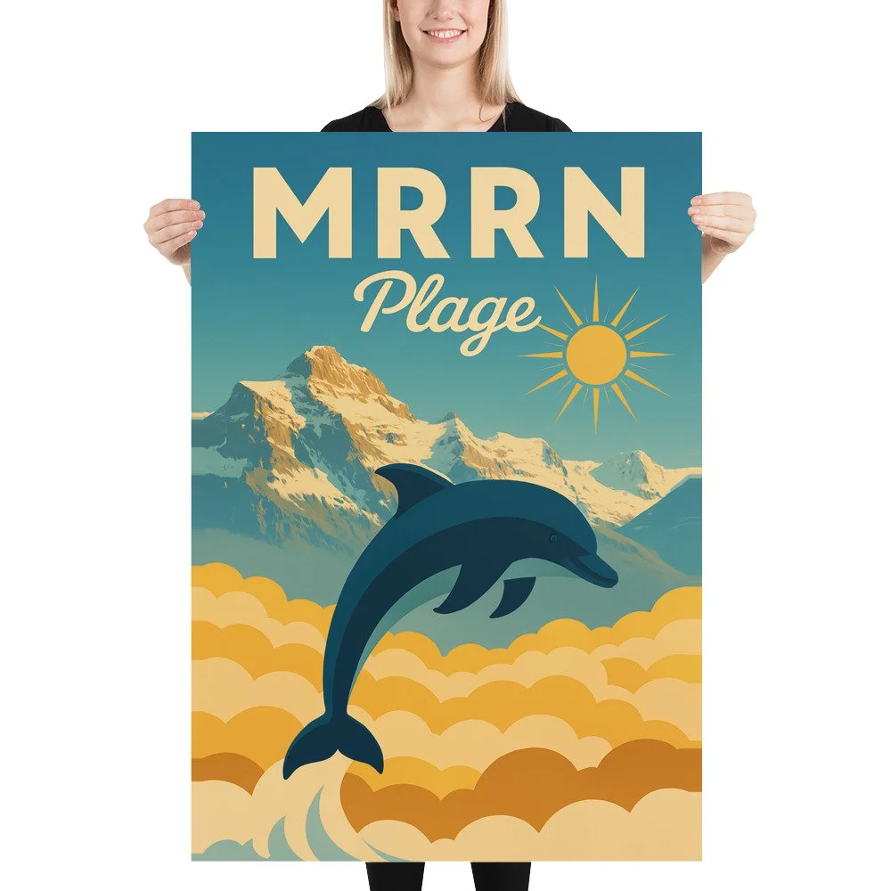 Blonde Frau hält das Plakat «Delphin» von MRRN Plage, 70 × 100 cm, gerade vor sich auf weissem Hintergrund.