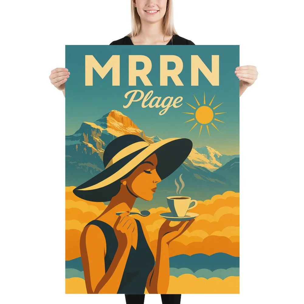 Blonde Frau hält das Plakat «Americano» von MRRN Plage, 70 × 100 cm, gerade vor sich auf weissem Hintergrund.