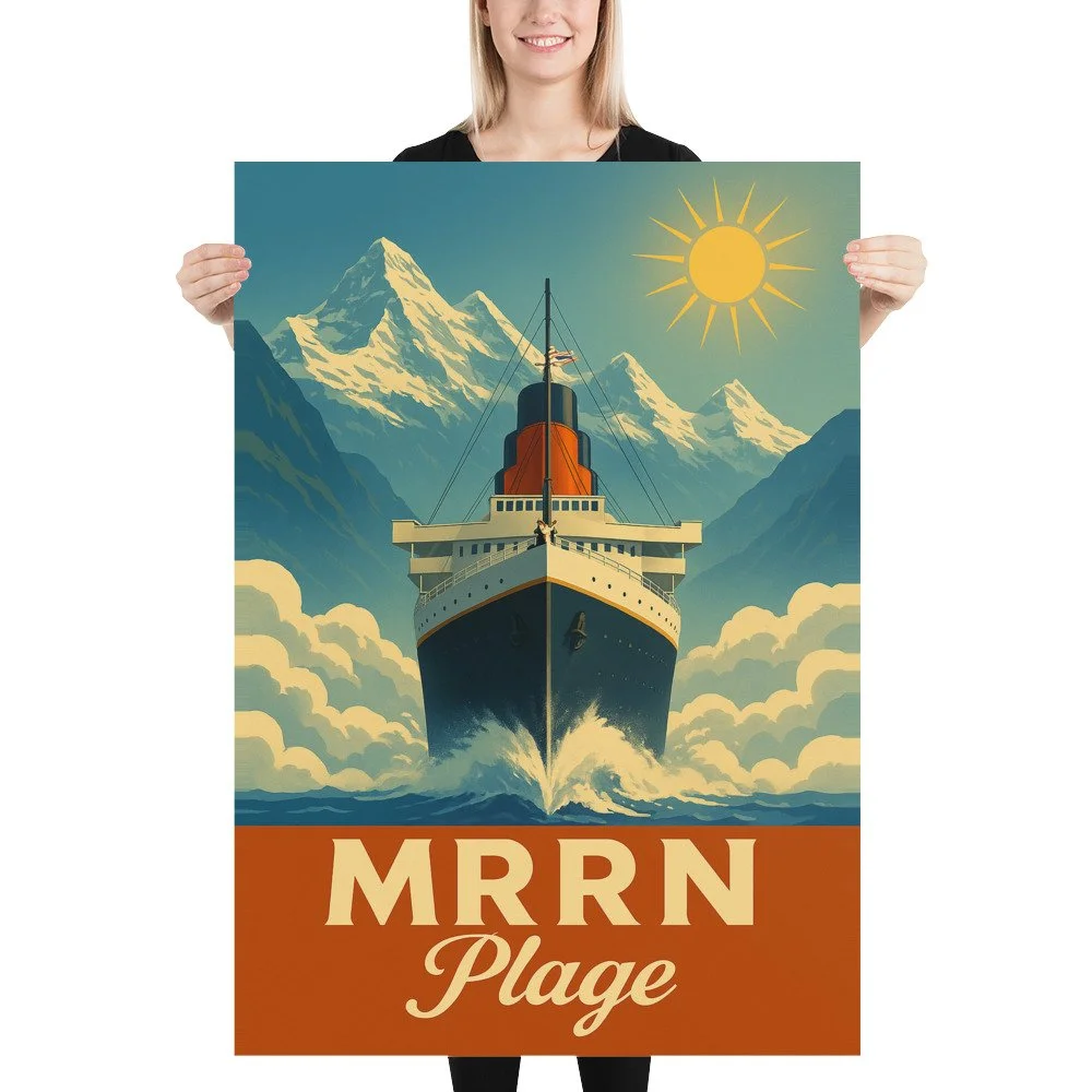 Blonde Frau hält das Plakat «Kreuzfahrt» von MRRN Plage, 70 × 100 cm, gerade vor sich auf weissem Hintergrund.