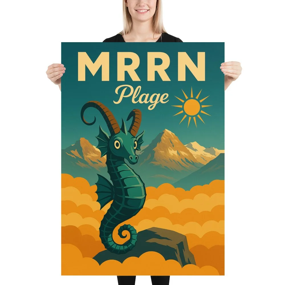 Blonde Frau hält das Plakat «Seepferd» von MRRN Plage, 70 × 100 cm, gerade vor sich auf weissem Hintergrund.