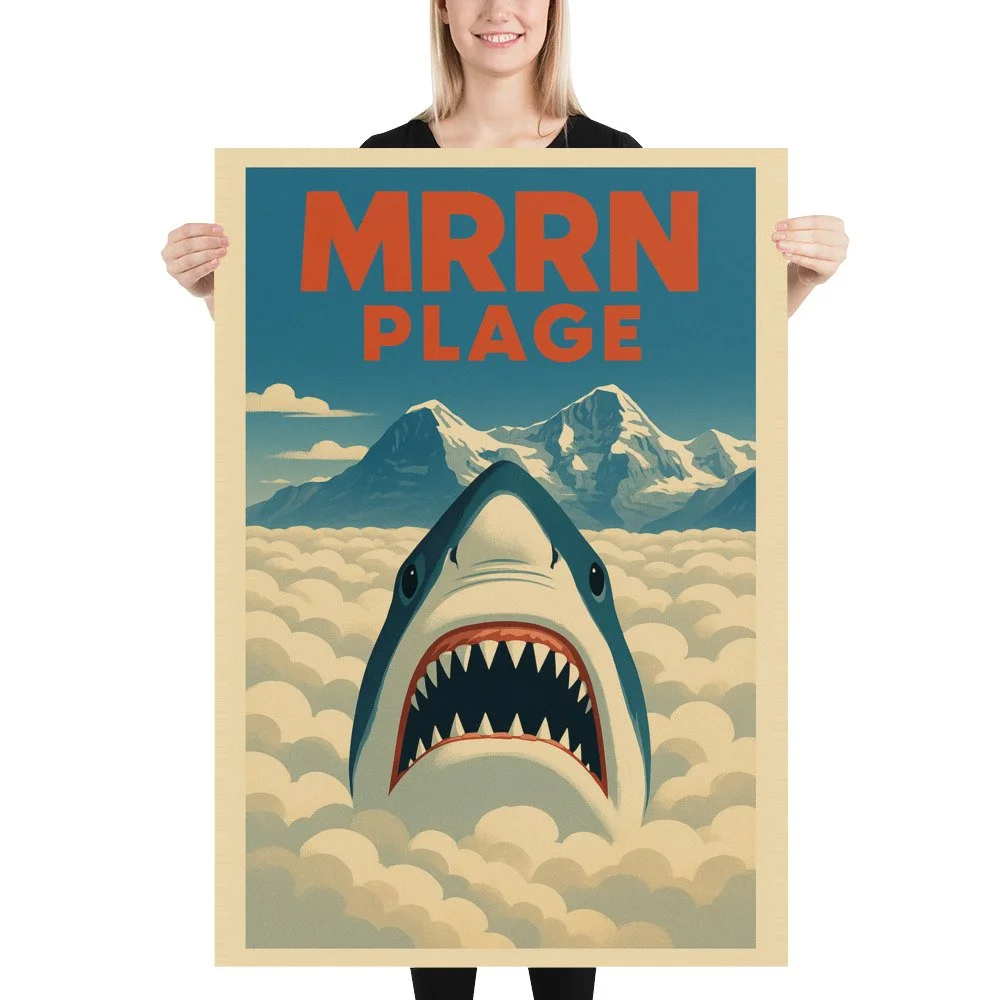 Blonde Frau hält das Plakat «Hai» von MRRN Plage, 70 × 100 cm, gerade vor sich auf weissem Hintergrund.