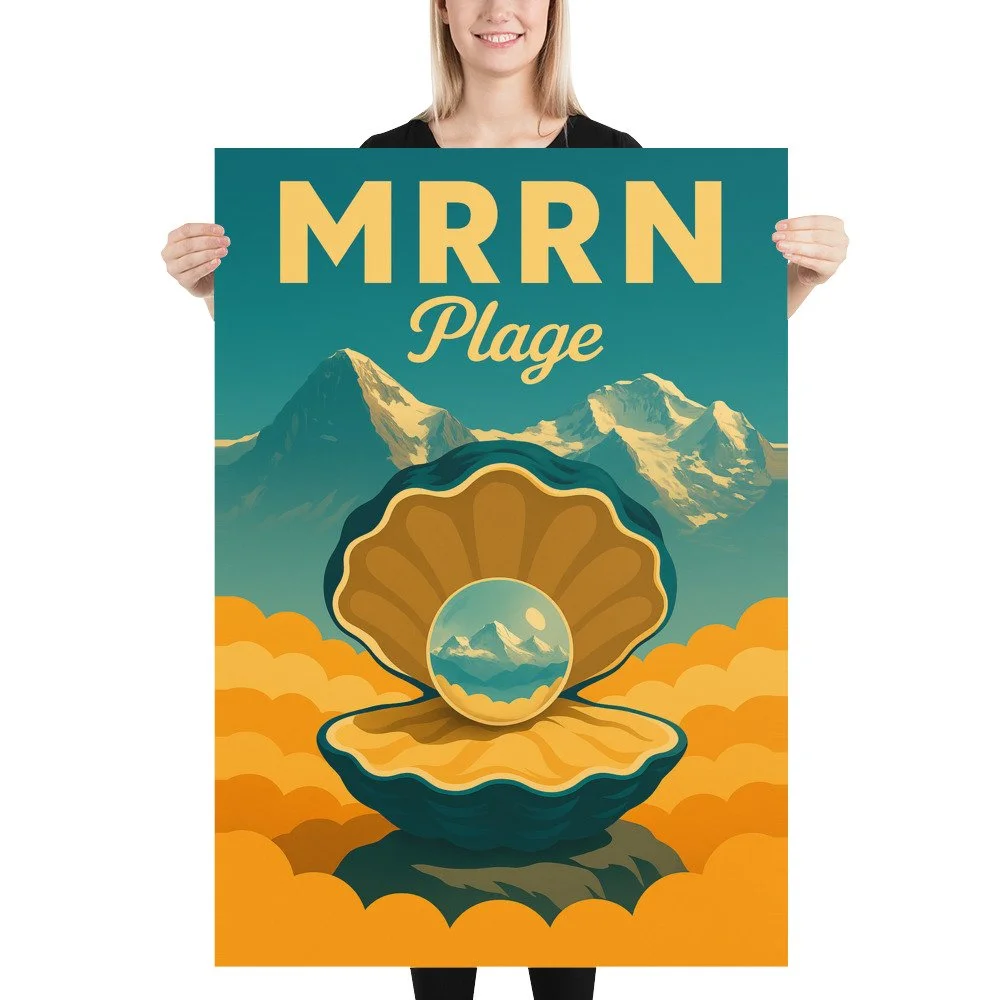 Blonde Frau hält das Plakat «Perle» von MRRN Plage, 70 × 100 cm, gerade vor sich auf weissem Hintergrund.