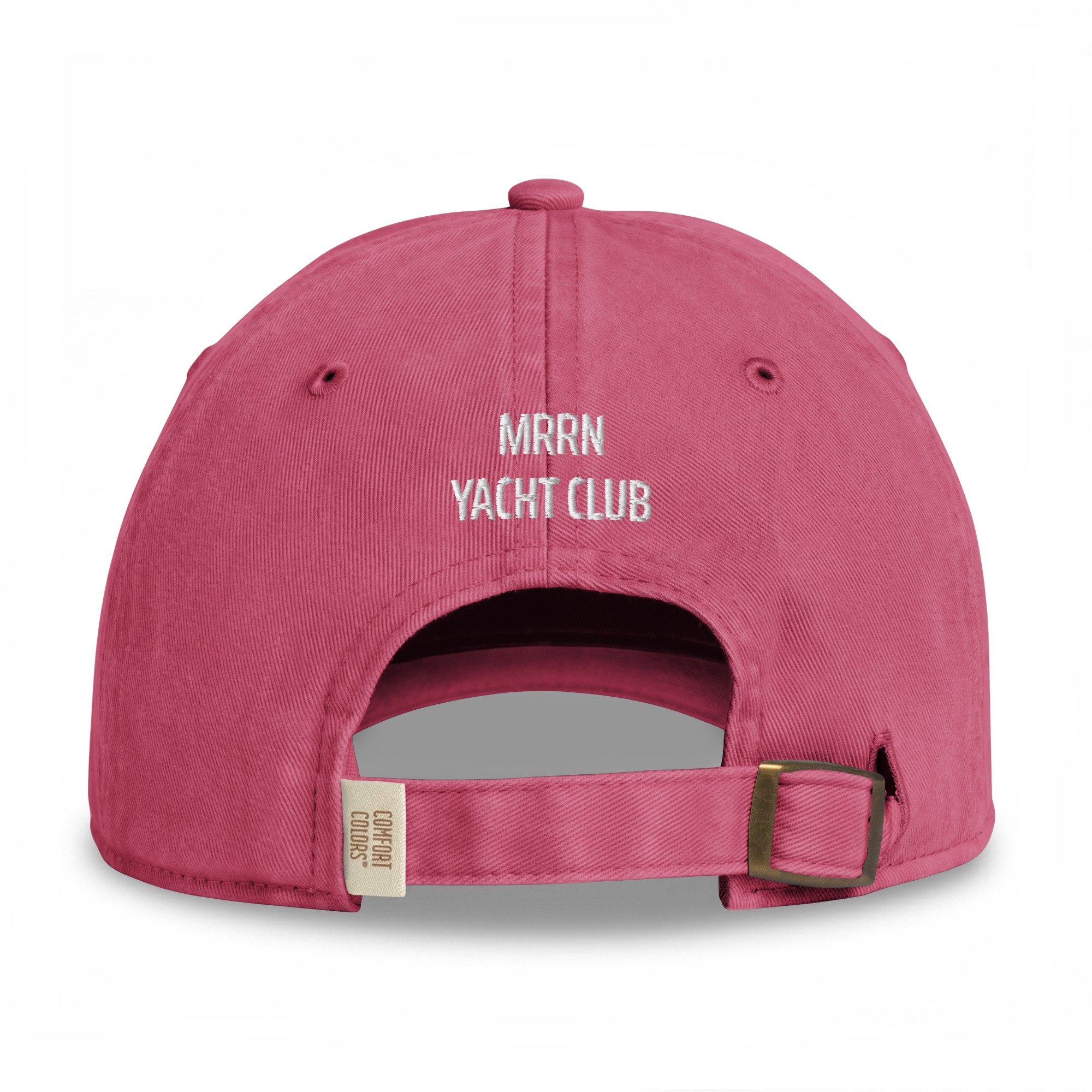 Y CAP des Mürren Yacht Club in Crimson, Rückansicht mit weisser zweizeiliger Stickerei MRRN / YACHT CLUB.