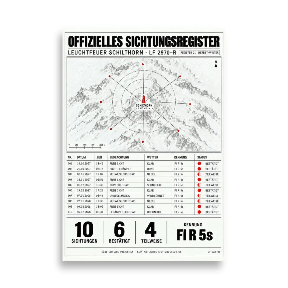 SCHLTHRN Sichtungsregister: Karte und Tabelle fiktiver Sichtungen, kein amtliches Register. / Map and table of fictional sightings, not an official record. SCH-LF-013.