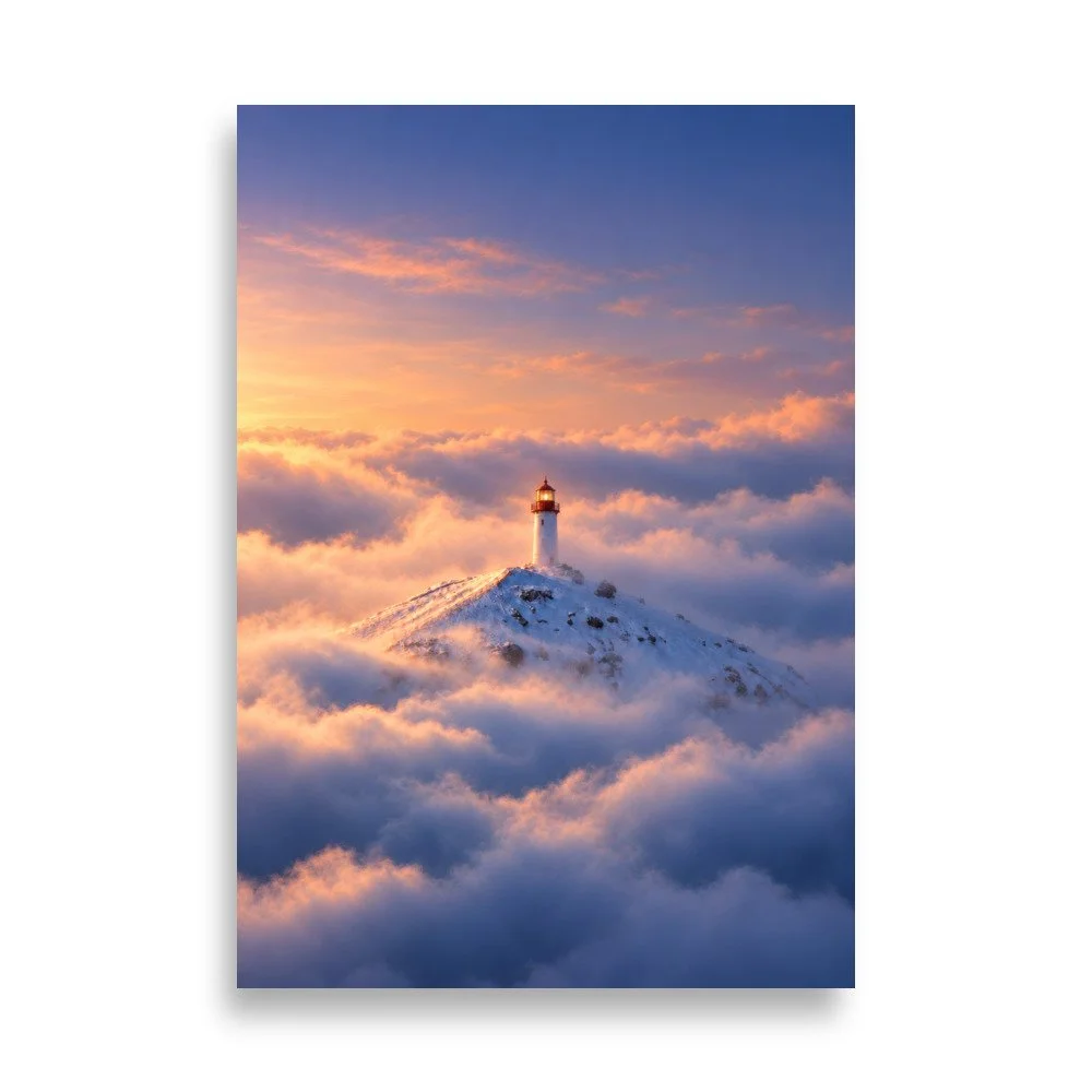 SCHLTHRN Morgenlicht: imaginärer Leuchtturm auf einem Schneegrat in goldenen Morgenwolken. / Imagined lighthouse on a snowy ridge amid golden morning clouds. SCH-LF-005.