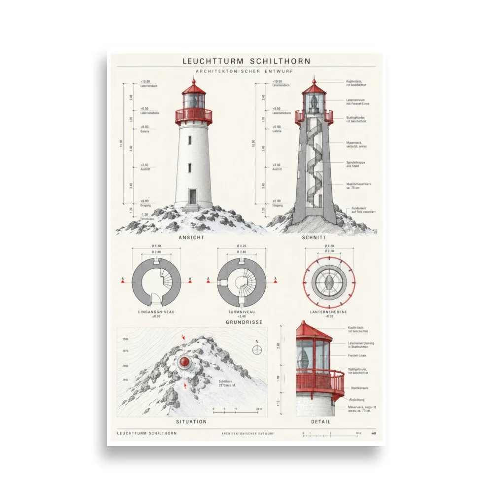SCHLTHRN Bauplan: fiktiver Leuchtturm mit Ansicht, Schnitt und Grundrissen. Künstlerischer Entwurf. / Fictional lighthouse with elevation, section and floor plans. Artistic drawing. SCH-LF-011.
