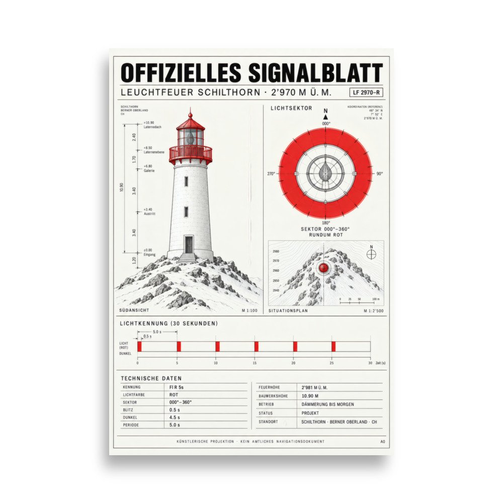 SCHLTHRN Signalblatt: fiktive Leuchtturmzeichnung mit rotem Lichtsektor und Signalfolge. / Fictional lighthouse drawing with a red light sector and signal sequence. SCH-LF-012.