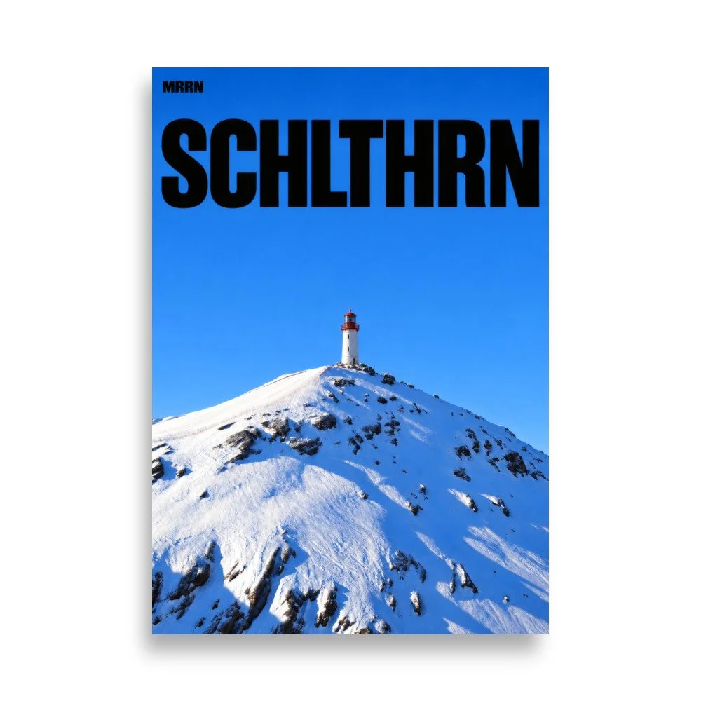 SCHLTHRN Titelmotiv: grosse schwarze Schrift über einem imaginären Leuchtturm auf dem Schneegrat. / Bold black lettering above an imagined lighthouse on a snowy ridge. SCH-LF-014.