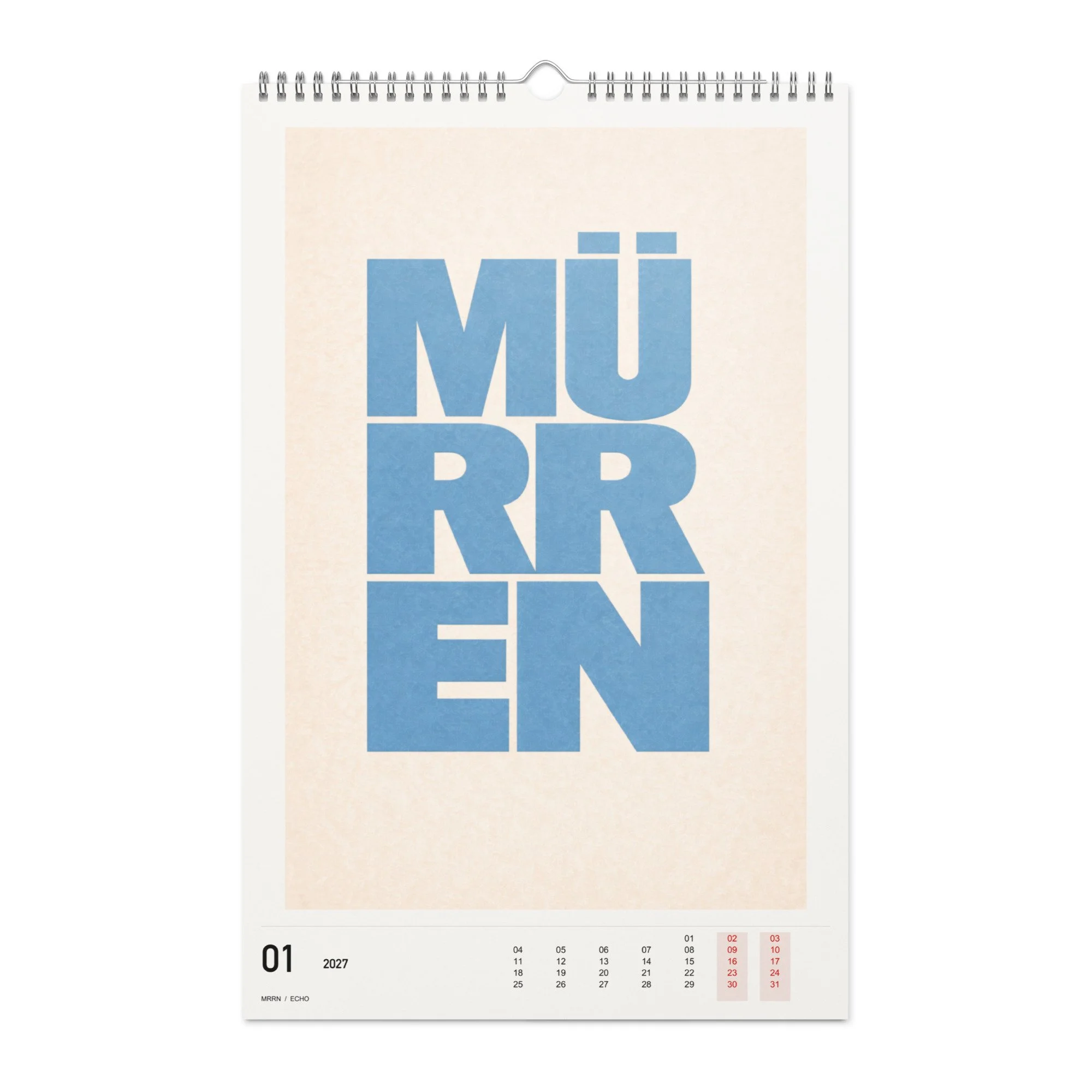 ECHO Kalender 2027, Monat 01: Eisblau auf Creme. / Month 01, numeric 2027 calendar.