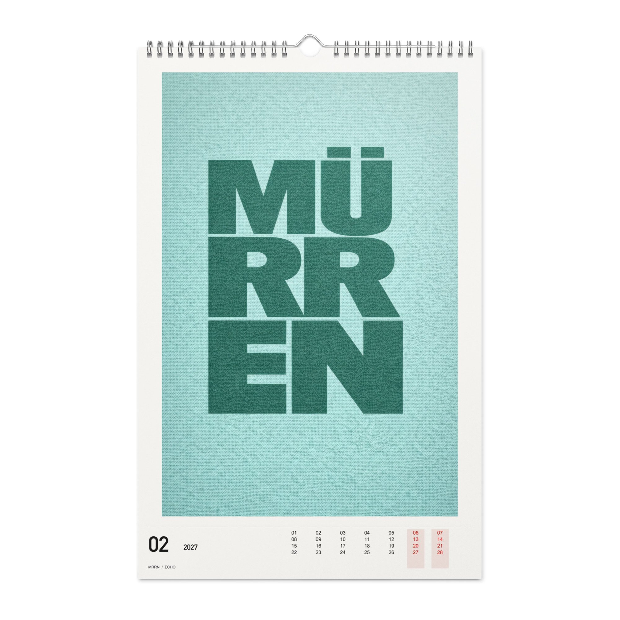 ECHO Kalender 2027, Monat 02: Petrol auf Mint. / Month 02, numeric 2027 calendar.