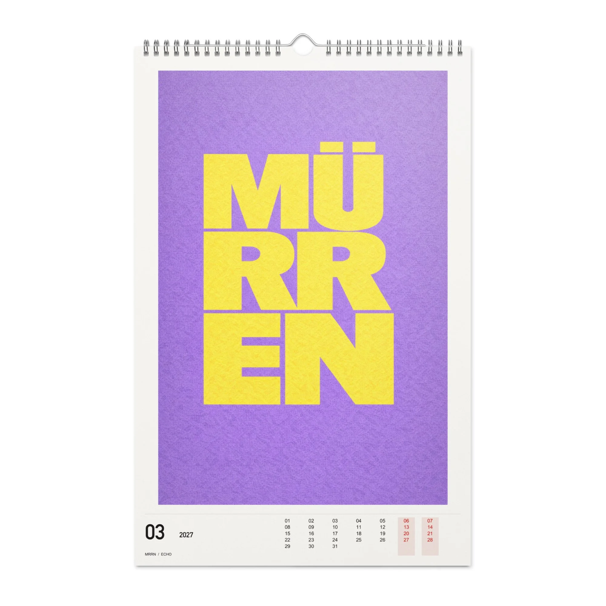 ECHO Kalender 2027, Monat 03: Gelb auf Flieder. / Month 03, numeric 2027 calendar.