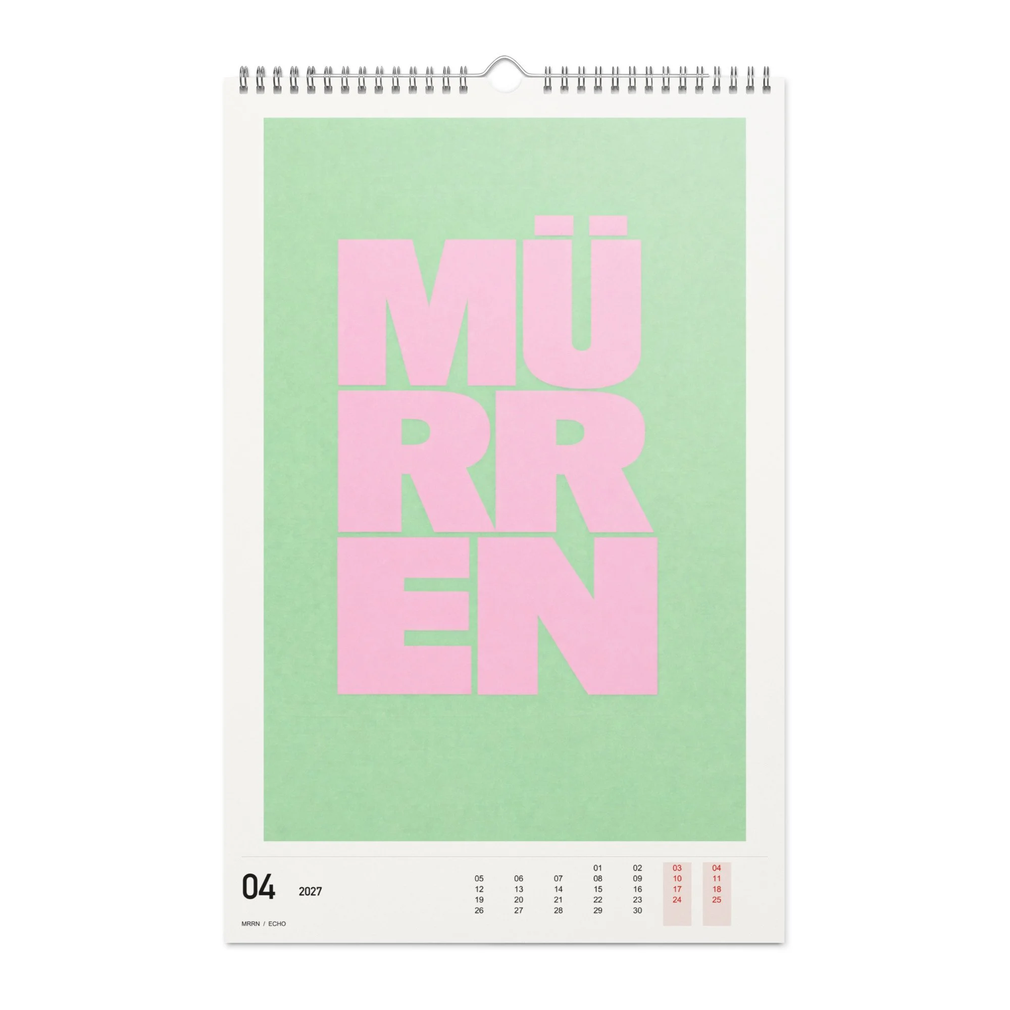 ECHO Kalender 2027, Monat 04: Rosa auf Mint. / Month 04, numeric 2027 calendar.