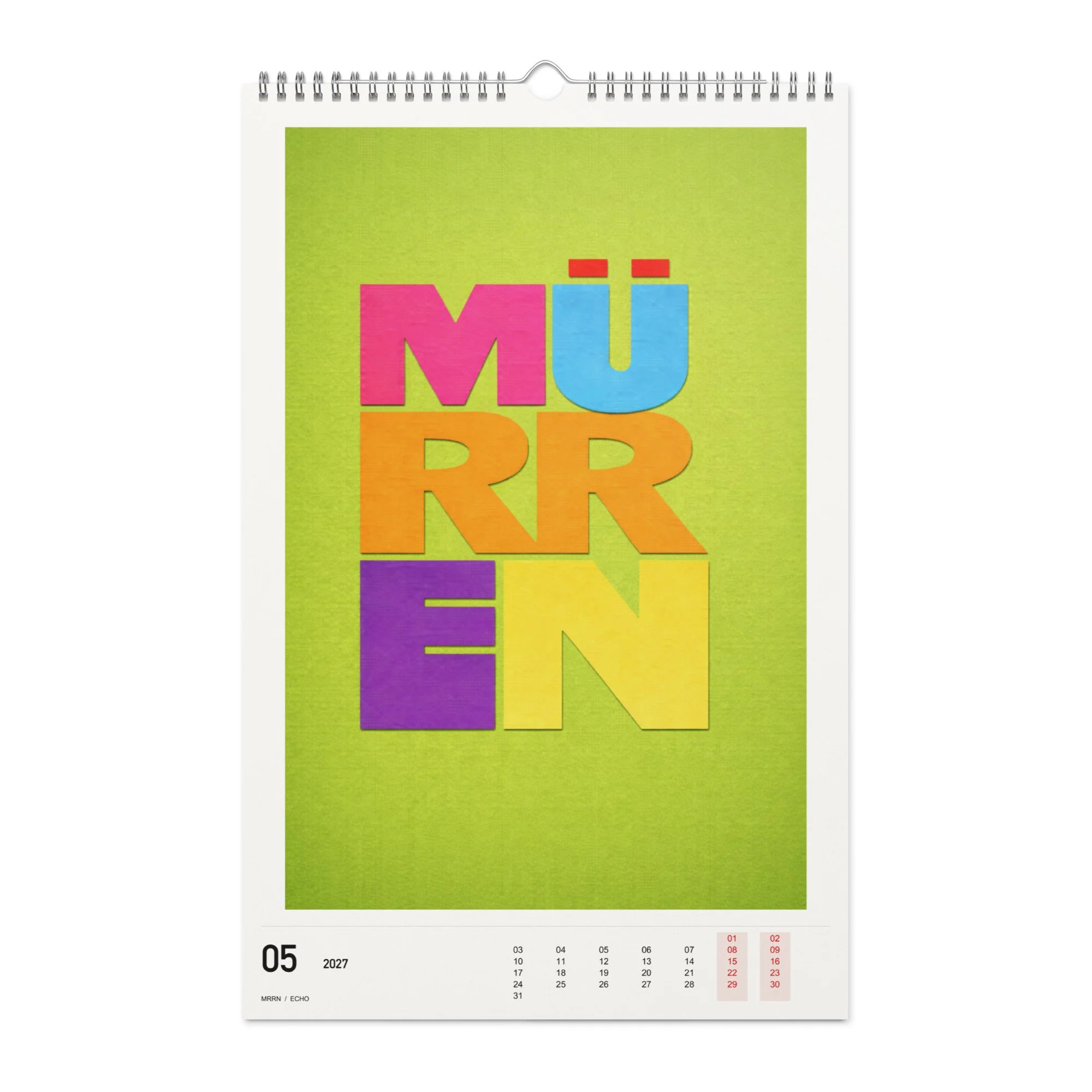 ECHO Kalender 2027, Monat 05: Mehrfarbig auf Grün. / Month 05, numeric 2027 calendar.