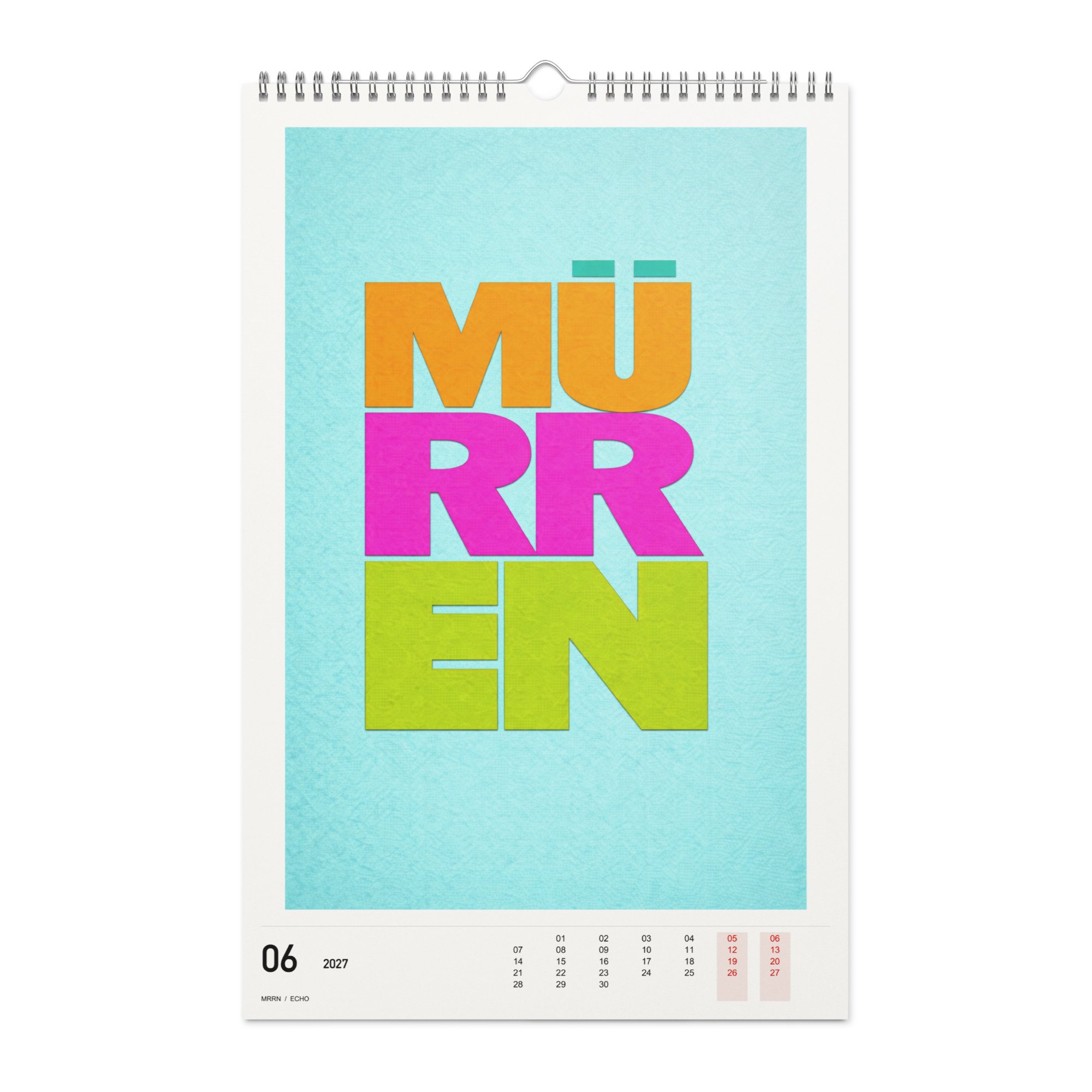 ECHO Kalender 2027, Monat 06: Mehrfarbig auf hellem Türkis. / Month 06, numeric 2027 calendar.