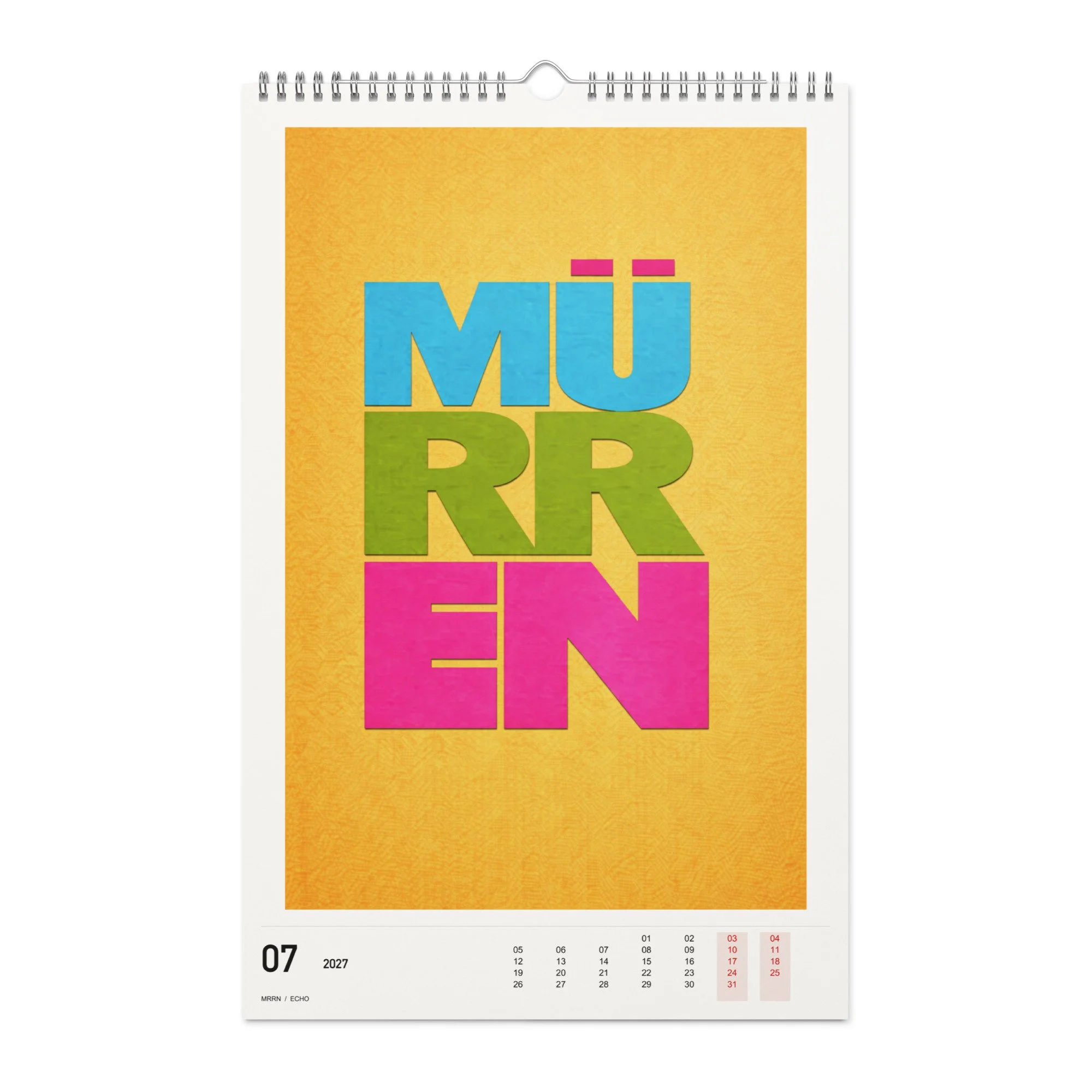ECHO Kalender 2027, Monat 07: Mehrfarbig auf Gelb. / Month 07, numeric 2027 calendar.